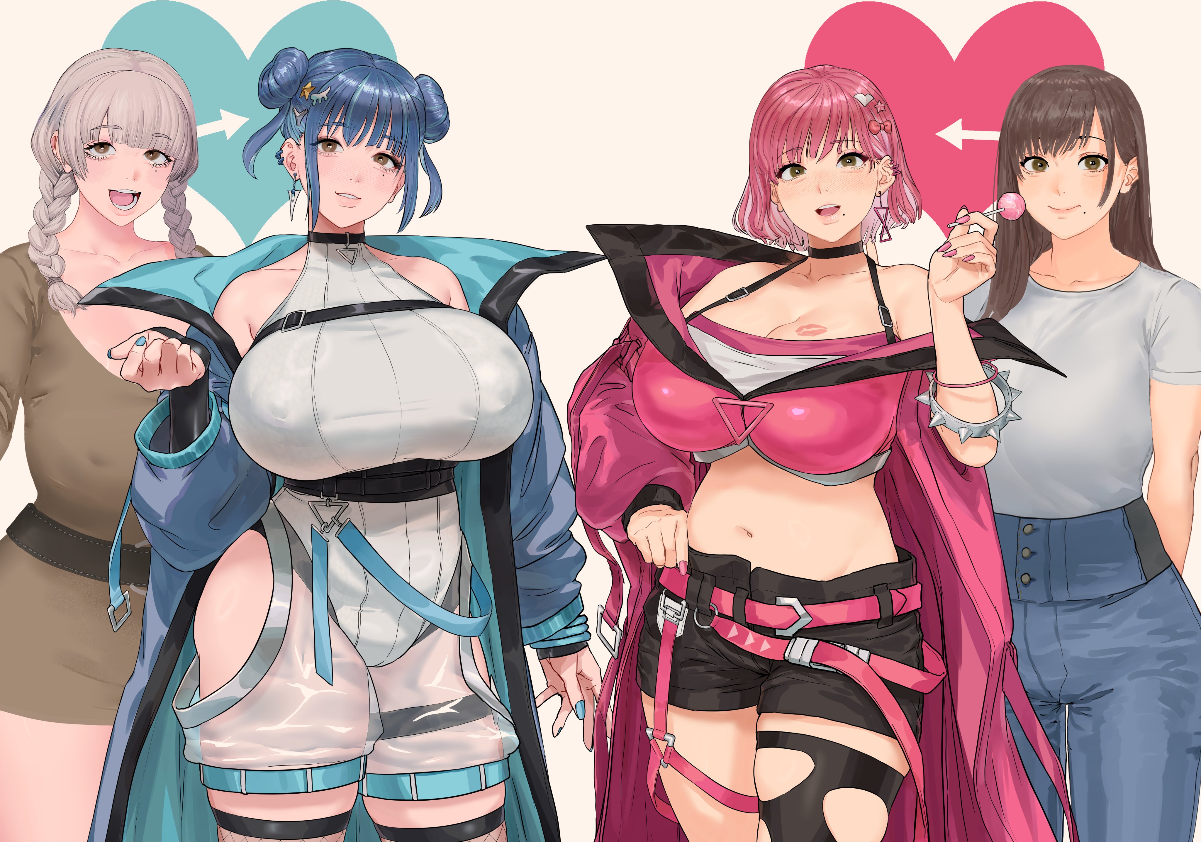 mashima jirou, evil twin ki-sikil, evil twin lil-la, ki-sikil (yu-gi-oh!), lil-la (yu-gi-oh!), yu-gi-oh!, absurdres, highres, 2girls, argyle clothes, argyle pantyhose, blue hair, blue jacket, blunt bangs, blush, breast tattoo, breasts, chest belt, cosplay, cropped vest, double bun, duel monster, evil twin ki-sikil (cosplay), evil twin lil-la (cosplay), hair between eyes, hair bun, hair ornament, hand on own hip, holding, jacket, large breasts, leotard, lil-la (yu-gi-oh!) (cosplay), lipstick mark, lipstick mark on breast, long sleeves, looking at viewer, multiple girls, open mouth, pink hair, short hair, smile, spiked wristband, tattoo, vest, white leotard