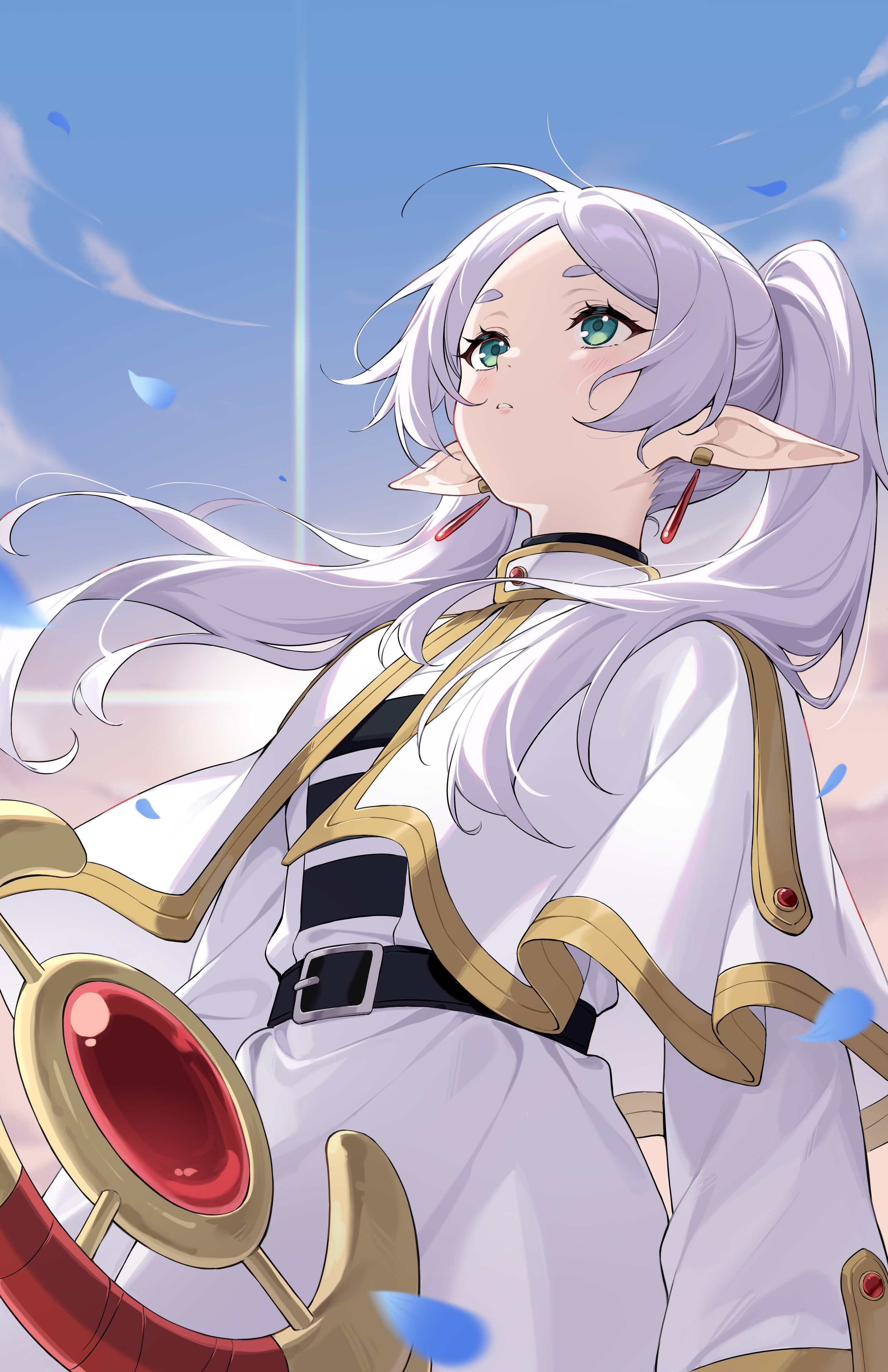 hongchajun, frieren, sousou no frieren, absurdres, commentary request, highres, 1girl, belt, black belt, blue sky, cloud, day, elf, falling petals, green eyes, holding, holding staff, meme, parted lips, petals, pointy ears, sky, solo, staff, twintails, upper body, upward angle frieren drawing (meme), white hair
