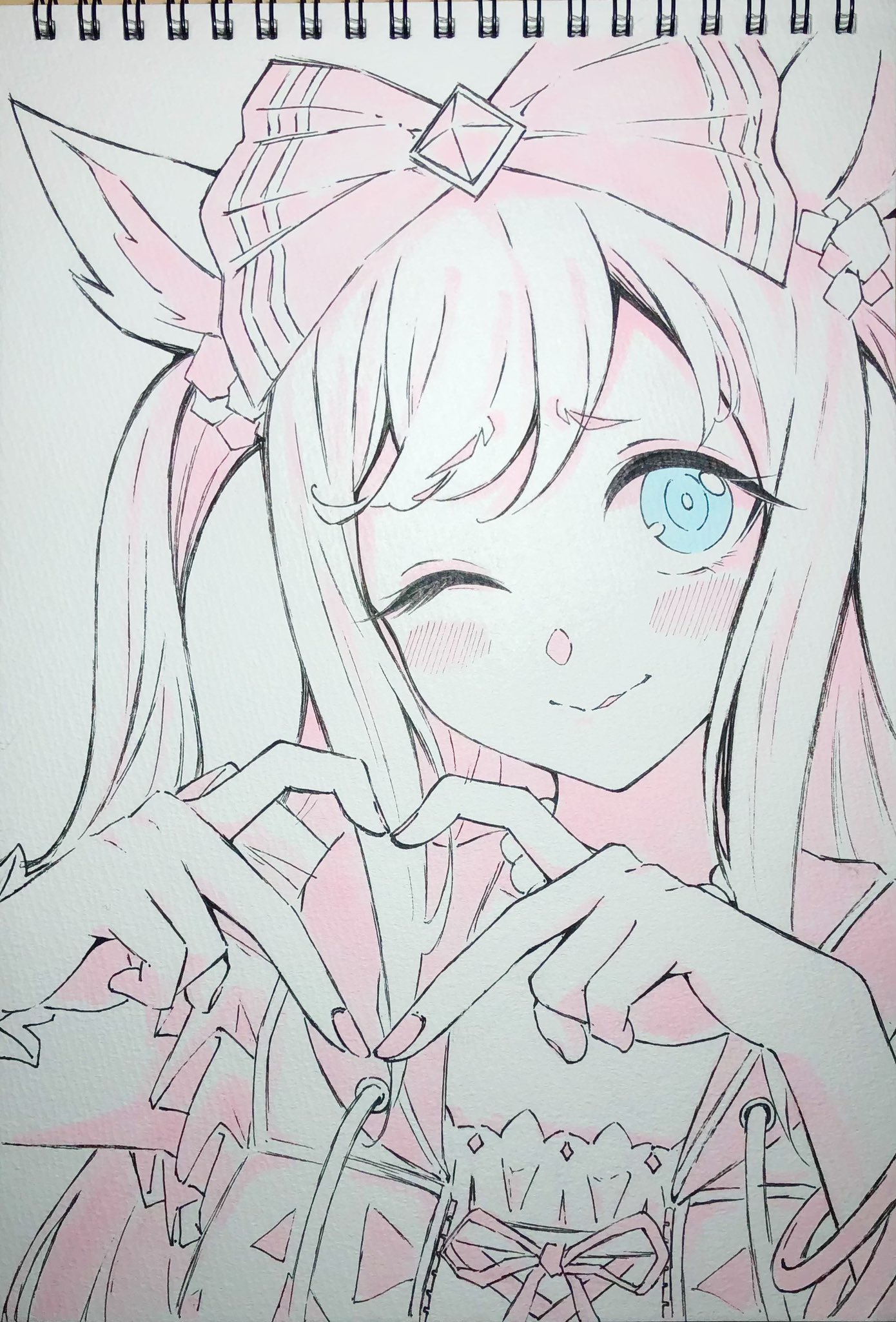 mizuiro neko, agnes digital (umamusume), umamusume, hashtag-only commentary, highres, photo (medium), traditional media, animal ear fluff, animal ears, aqua eyes, blush, bow, fingernails, four-finger heart hands, hair bow, heart, heart hands, horse ears, horse girl, long hair, long sidelocks, looking at viewer, monochrome, nail polish, one eye closed, parted lips, pink theme, sidelocks, simple background, upper body, white background