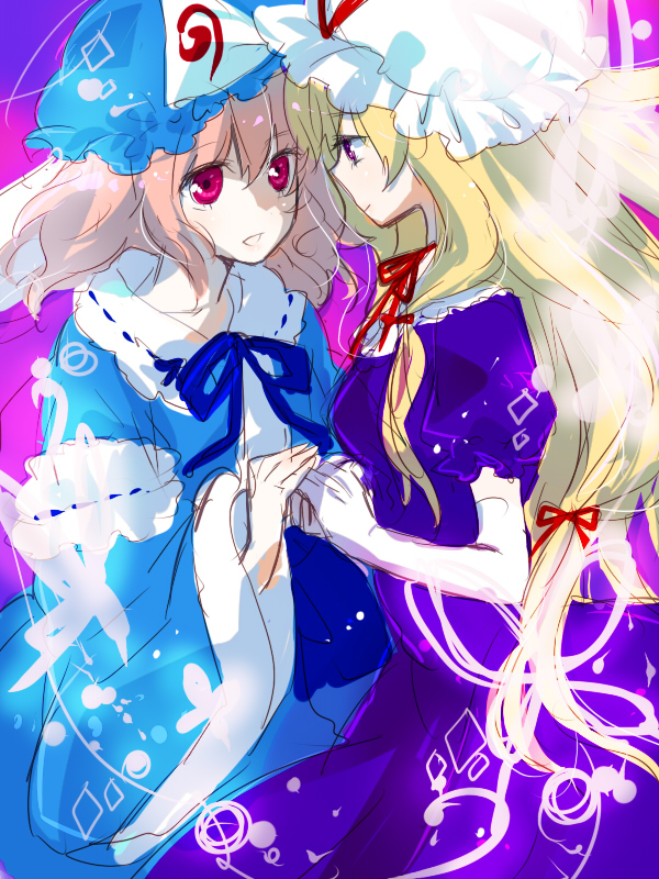 machiko (beard), saigyouji yuyuko, yakumo yukari, touhou, 2girls, dress, elbow gloves, female focus, gloves, hat, interlocked fingers, japanese clothes, kimono, long hair, mob cap, multiple girls, pink hair, puffy short sleeves, puffy sleeves, purple dress, red eyes, short sleeves, standing, triangular headpiece, very long hair, white gloves