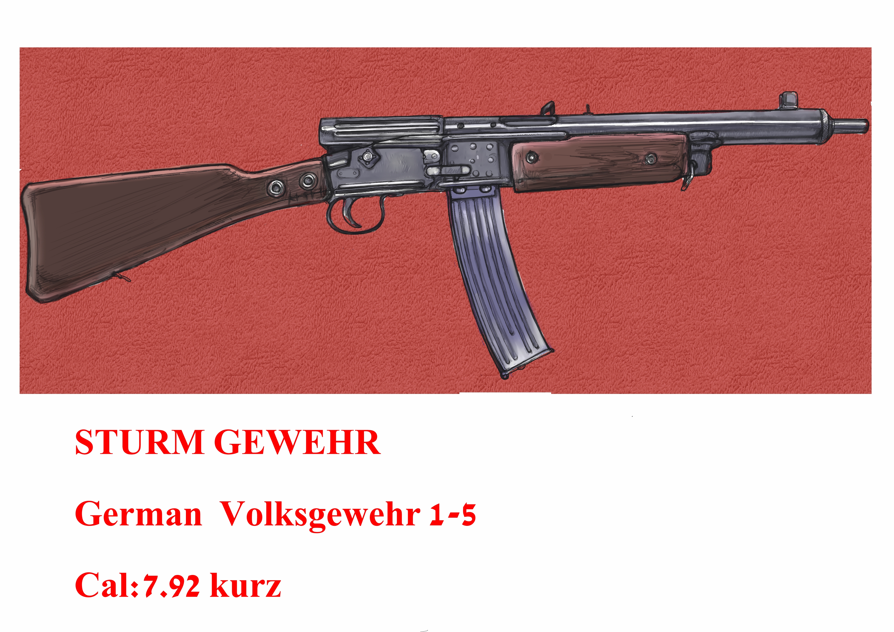 boku wa shougakusei, original, absurdres, commentary request, highres, partial commentary, german text, gun, limited palette, no humans, red background, rifle, volkssturmgewehr, weapon, weapon focus, weapon name, white background