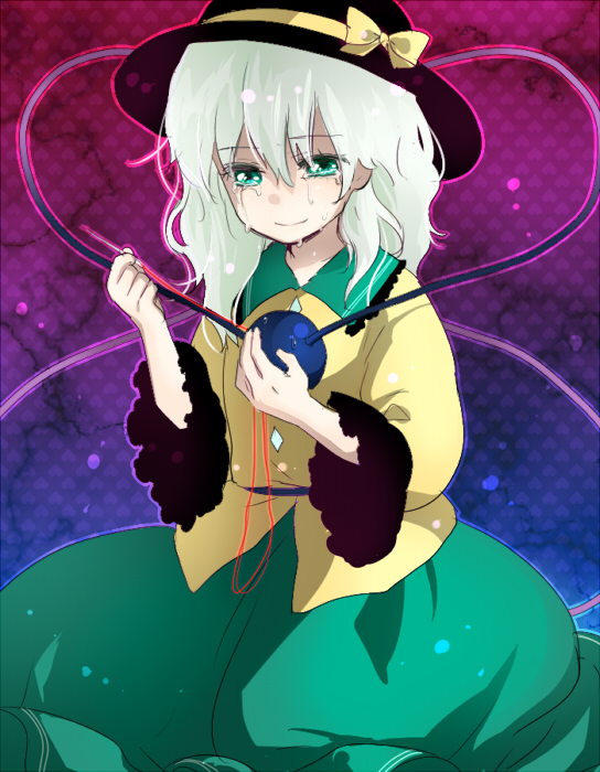 machiko (beard), komeiji koishi, touhou, 1girl, crying, crying with eyes open, female focus, gradient background, green eyes, hat, needle, sewing, skirt, solo, tears, thread