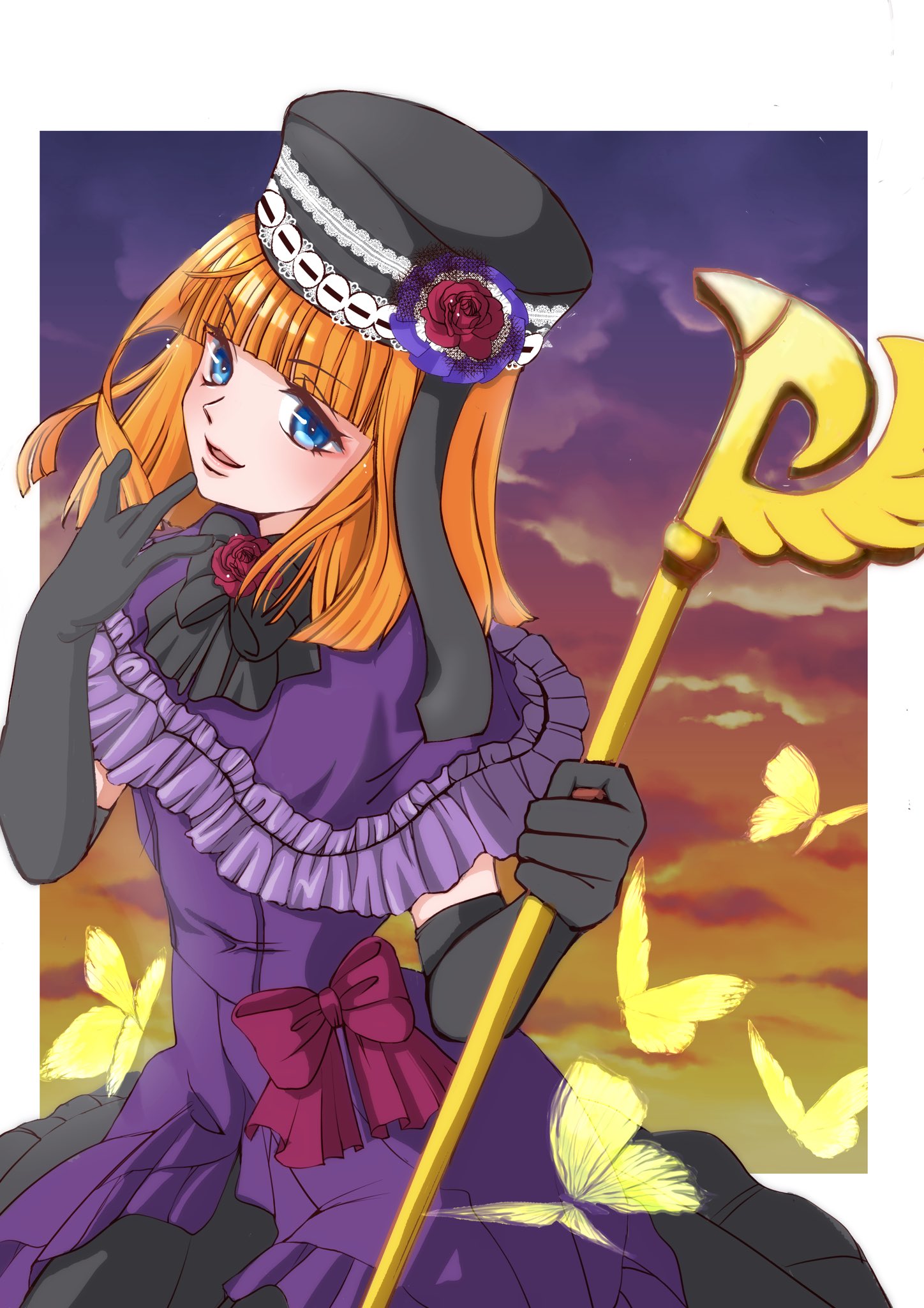 sirase souya, eva beatrice, umineko no naku koro ni, commentary request, highres, 1girl, black gloves, black hat, black skirt, blue eyes, blue hair, bob cut, bow, bug, butterfly, capelet, dress bow, dress flower, dusk, elbow gloves, flower, frilled capelet, frills, gloves, hand to own mouth, hat, hat flower, holding, holding staff, insect, looking at viewer, orange hair, red flower, red rose, rose, skirt, sky, smile, staff, yellow butterfly