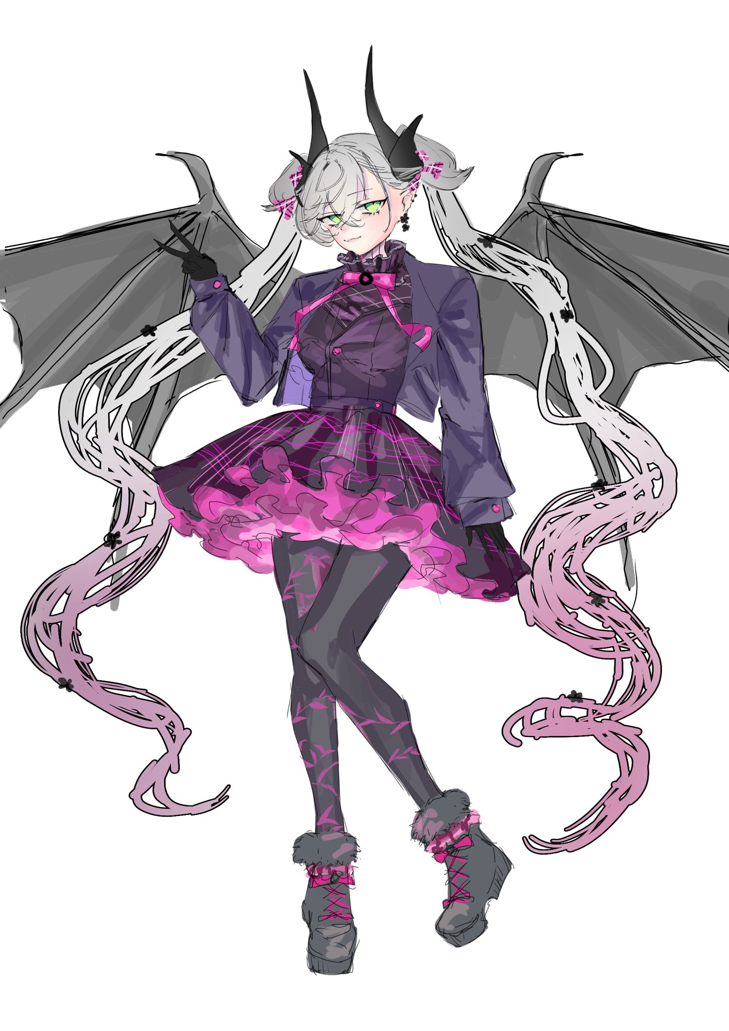 onda (wave sometime), lilith (fate), fate/grand order, fate (series), commentary request, highres, bat wings, black pantyhose, breasts, demon horns, green eyes, horns, long hair, looking at viewer, medium breasts, pantyhose, pink hair, pleated skirt, purple skirt, skirt, twintails, v, white hair, wings