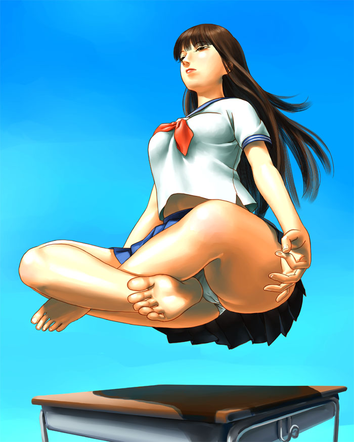 ikm (gongikm), original, looking away, 1girl, ass, bare legs, barefoot, blue background, blunt bangs, breasts, brown hair, cameltoe, desk, feet, female focus, floating, full body, gradient background, hime cut, indian style, legs, levitation, long hair, looking afar, meditation, medium breasts, midriff peek, panties, pantyshot, pleated skirt, school desk, school uniform, serafuku, serious, short sleeves, simple background, sitting, skirt, soles, solo, toes, underwear, upskirt, white panties, yoga