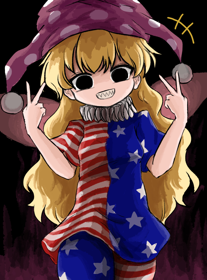 heripantomorrow, clownpiece, touhou, commentary request, +++, 1girl, american flag dress, american flag legwear, black eyes, blonde hair, cowboy shot, double v, fairy wings, grin, hands up, hat, jester cap, long hair, neck ruff, pink hat, polka dot headwear, sharp teeth, short sleeves, smile, solo, teeth, v, wings