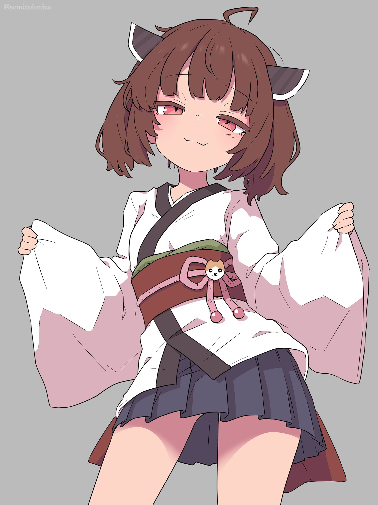 semicolonize, touhoku kiritan, voiceroid, highres, 1girl, ahoge, black skirt, brown hair, closed mouth, grey background, headgear, japanese clothes, kimono, looking at viewer, red eyes, simple background, skirt, solo, white kimono