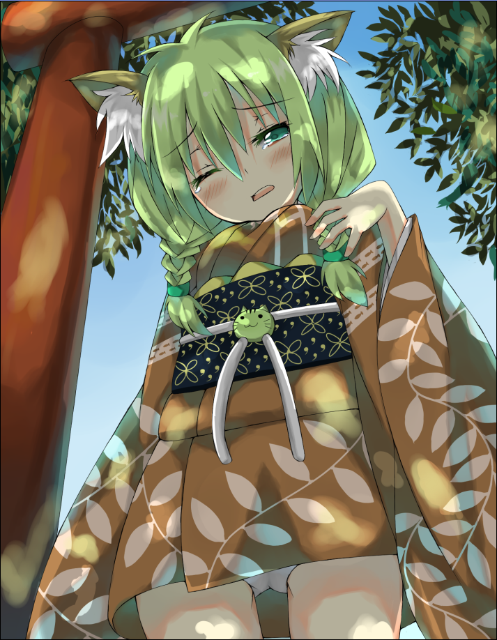 shingetsu takehito, saitou kon, original, 1girl, animal ears, aqua eyes, blush, braid, cat ears, cat tail, dappled sunlight, female focus, fox ears, fox tail, from below, green hair, hair over shoulder, japanese clothes, kimono, obi, panties, sash, shade, short kimono, shrine, solo, sunlight, tail, tears, torii, tree, twin braids, underwear, yukata