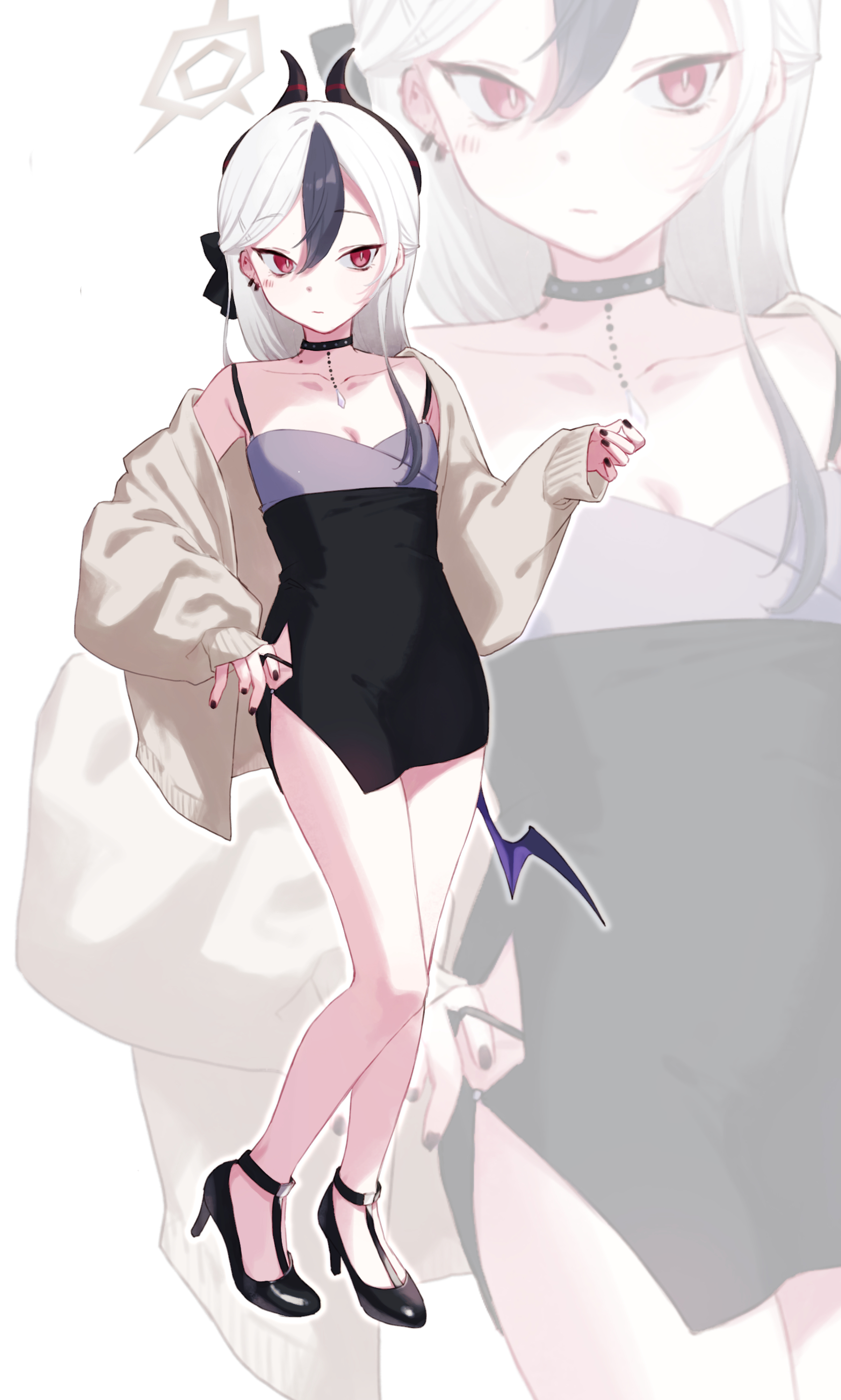 kisaka, kayoko (blue archive), kayoko (dress) (blue archive), blue archive, absurdres, commentary request, highres, 1girl, black choker, black dress, black hair, black horns, black nails, black shoes, breasts, bright pupils, cardigan, choker, cleavage, closed mouth, clothes pull, collarbone, contrapposto, demon girl, demon horns, demon wings, double-parted bangs, dress, earrings, full body, grey hair, grey halo, grey sweater, hair between eyes, half updo, halo, hand up, high heels, horns, jewelry, long hair, long sleeves, looking ahead, looking at viewer, low wings, mole, mole on neck, multicolored hair, no socks, official alternate costume, official alternate hairstyle, open cardigan, open clothes, outline, purple wings, red eyes, shoes, short dress, side slit, single wing, sleeveless, sleeveless dress, sleeves past wrists, slit pupils, small breasts, solo, spaghetti strap, standing, sweater, two-tone hair, white outline, white pupils, wings, zoom layer