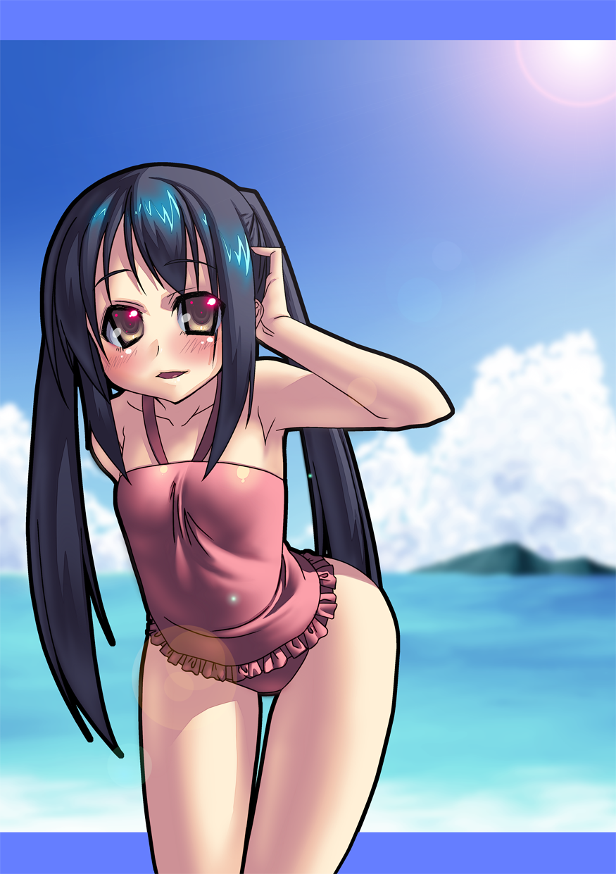 gaien, nakano azusa, k-on!, highres, 00s, 1girl, armpits, black hair, blue hair, blush, cloud, cover, day, female focus, flat chest, long hair, ocean, one-piece swimsuit, outdoors, pink one-piece swimsuit, sky, solo, swimsuit, twintails, water