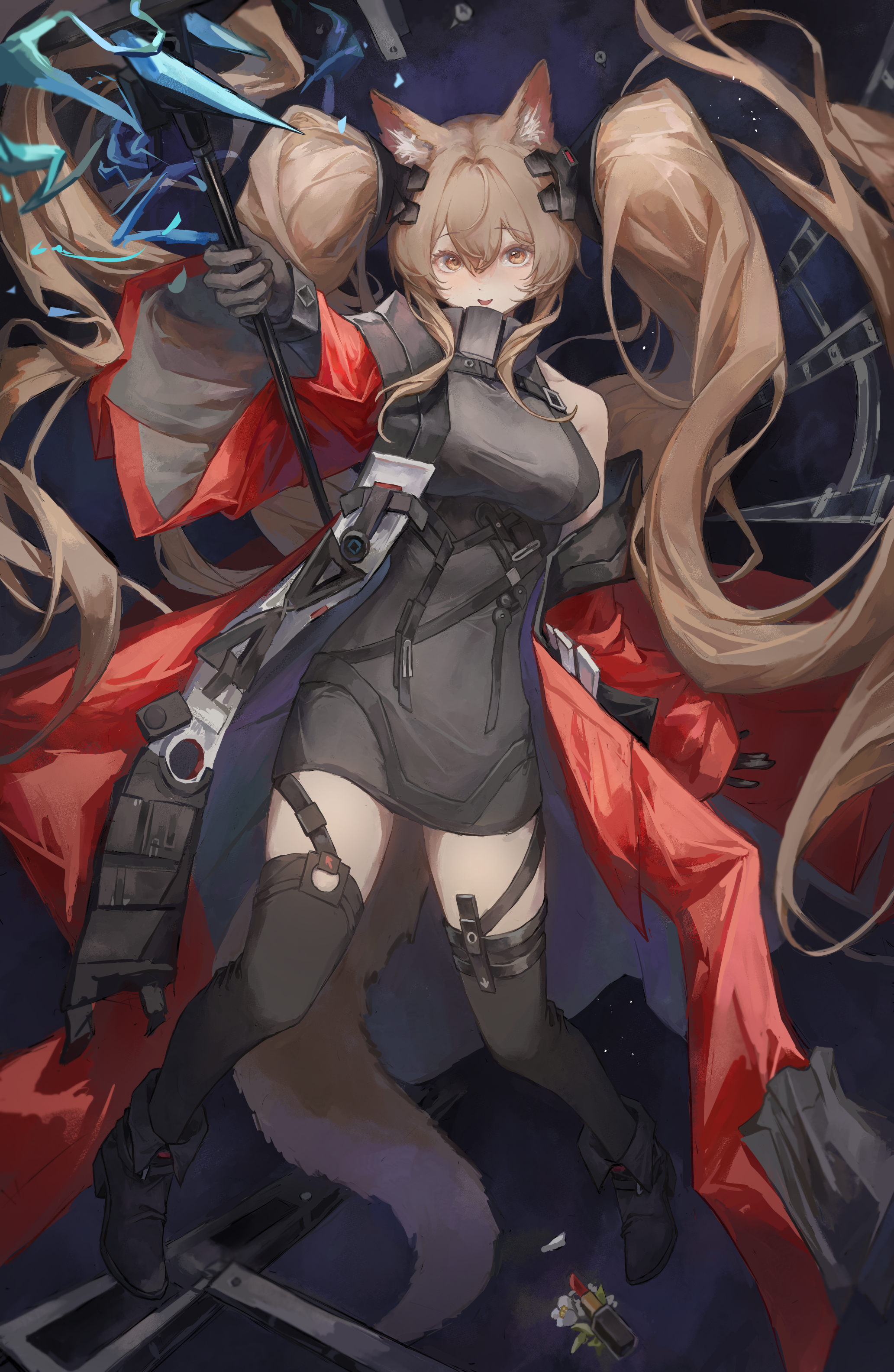 mumu millhayes, angelina (arknights), gilberta (arknights), arknights, arknights: endfield, absurdres, commentary request, highres, 1girl, animal ear fluff, animal ears, bare shoulders, black boots, black dress, black gloves, black thighhighs, blush, boots, breasts, brown eyes, brown hair, dress, gloves, hair between eyes, holding, holding staff, jacket, long hair, looking at viewer, open clothes, open jacket, open mouth, red jacket, solo, staff, tail, thighhighs, twintails