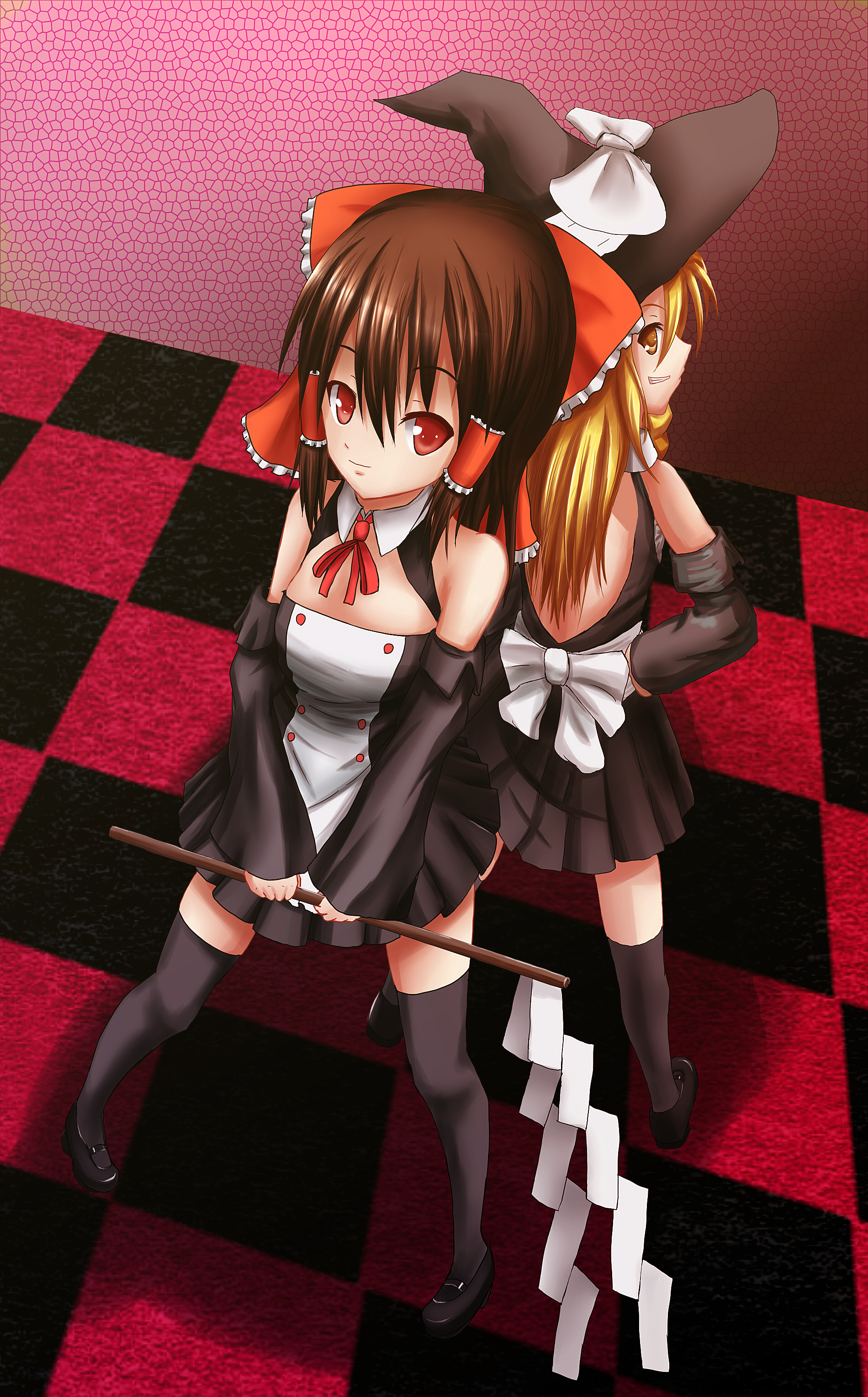 dij, nawate (dij), hakurei reimu, kirisame marisa, mian (dream c club), dream c club, dream c club (series), touhou, absurdres, bad id, bad pixiv id, highres, 2girls, artistic error, blonde hair, bow, braid, brown hair, cosplay, detached sleeves, female focus, gohei, hair bow, hat, japanese clothes, long hair, mian (dream c club) (cosplay), miko, multiple girls, red eyes, short hair, thighhighs, witch, witch hat, yellow eyes