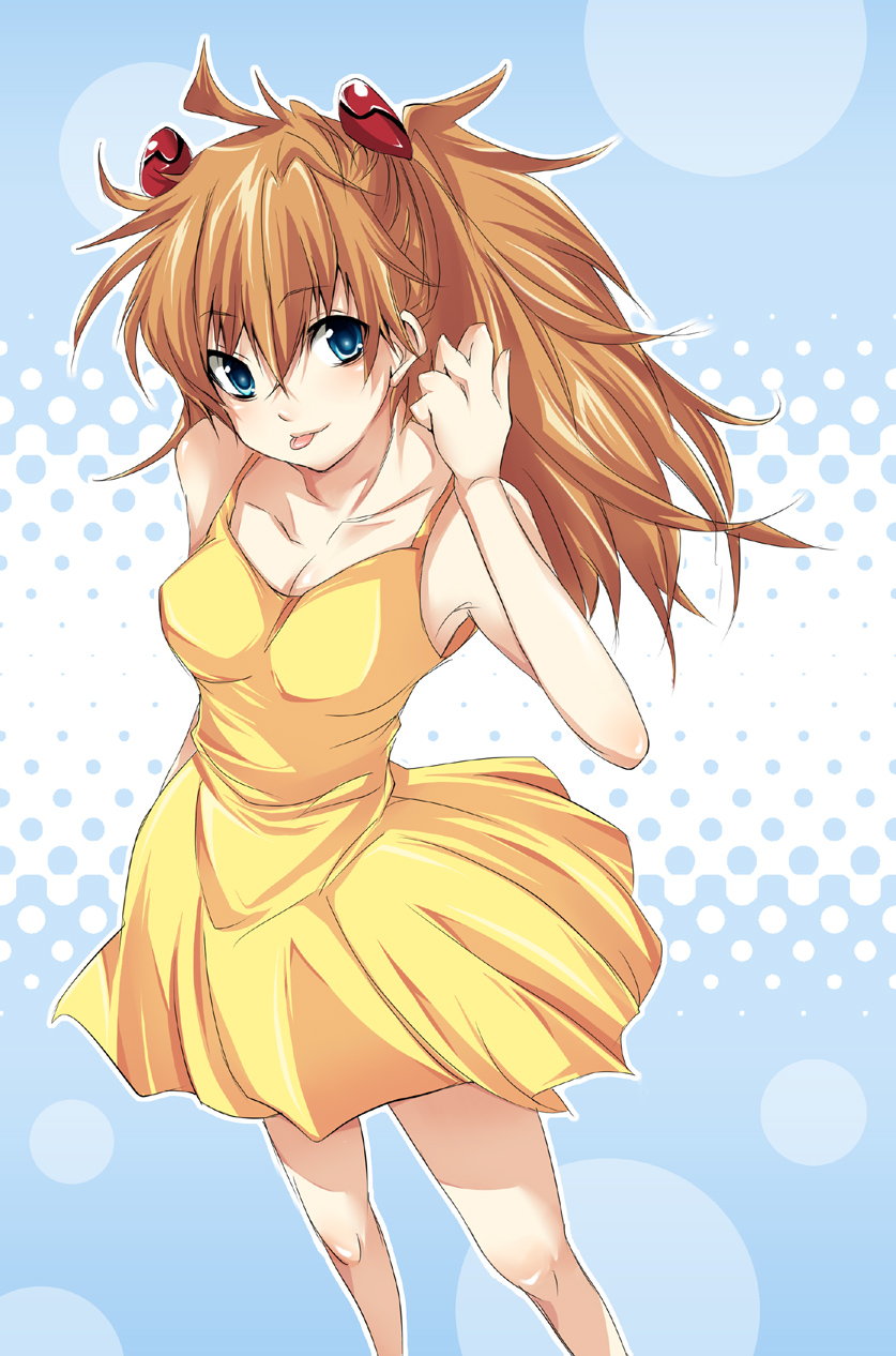 shouno kotarou, souryuu asuka langley, neon genesis evangelion, bad id, bad pixiv id, highres, 1girl, :p, blue eyes, dress, female focus, long hair, orange hair, solo, tongue, tongue out, yellow dress
