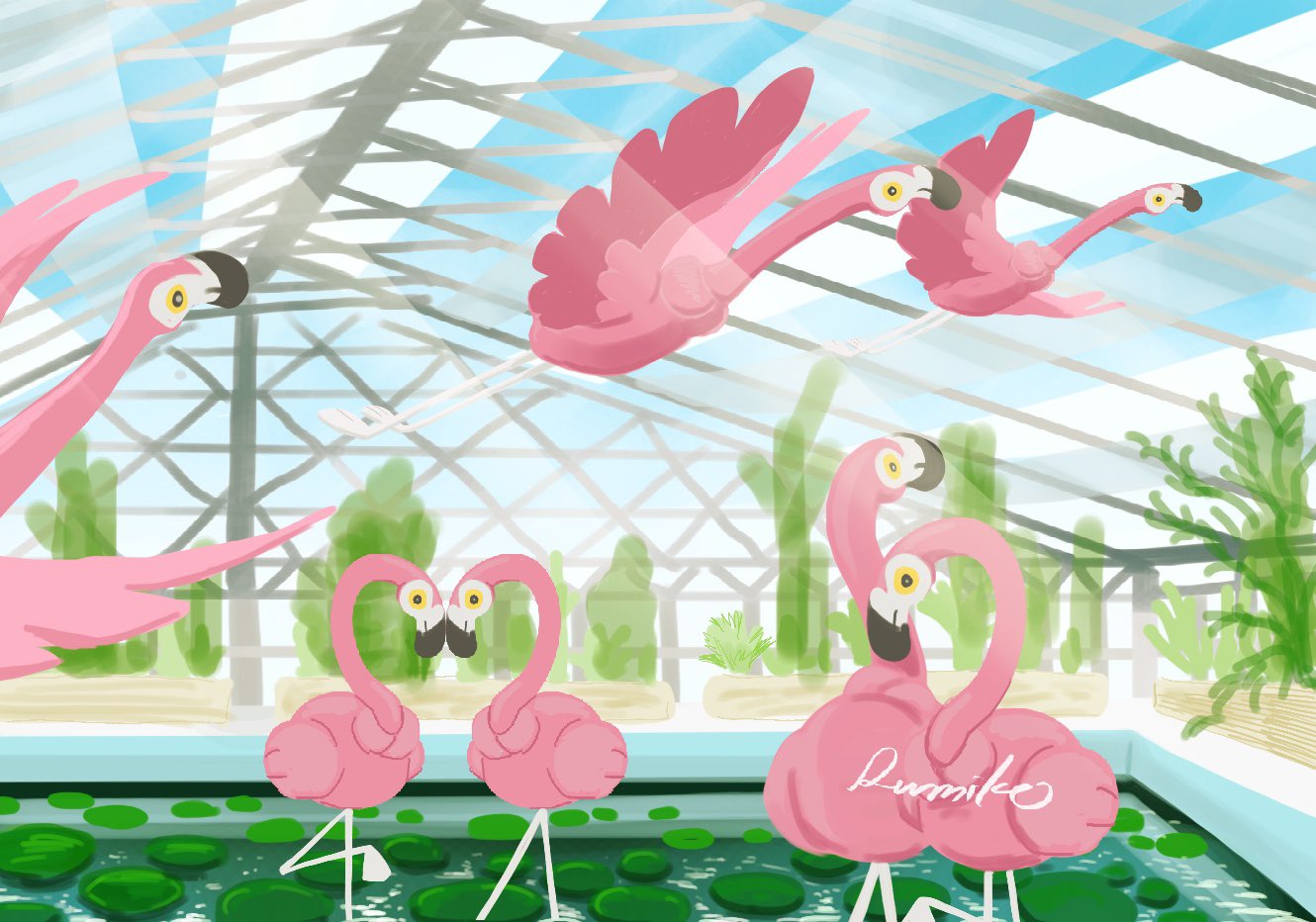 rumiko (vertlapin96), flamigo, nintendo, pokemon, commentary request, day, flying, glass ceiling, glass wall, greenhouse, lily pad, no humans, plant, pokemon (creature), pool, signature, sky, sunlight