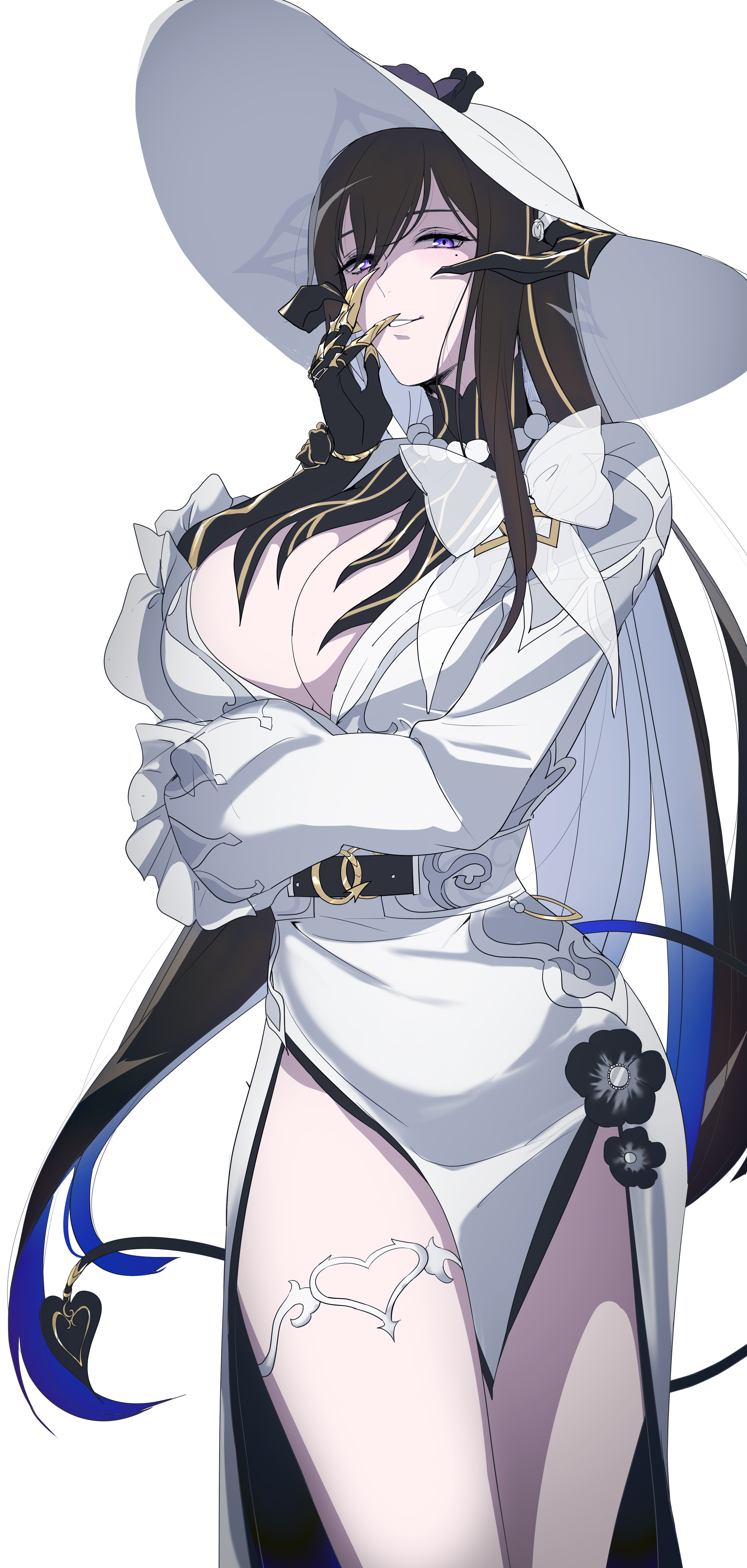 sou mei, constance (honkai: star rail), honkai: star rail, honkai (series), absurdres, highres, 1girl, black hair, blue hair, bow, breasts, center opening, cleavage, demon girl, demon tail, dress, fire, frilled dress, frills, gloves, gradient hair, grey hat, hair between eyes, hand on own cheek, hand on own face, hat, jewelry, large breasts, long hair, long sleeves, looking at viewer, mole, mole under eye, multicolored hair, open mouth, purple eyes, side slit, simple background, solo, standing, sun hat, tail, thighlet, thighs, two-tone hair, upper body, white background, white dress, white gloves