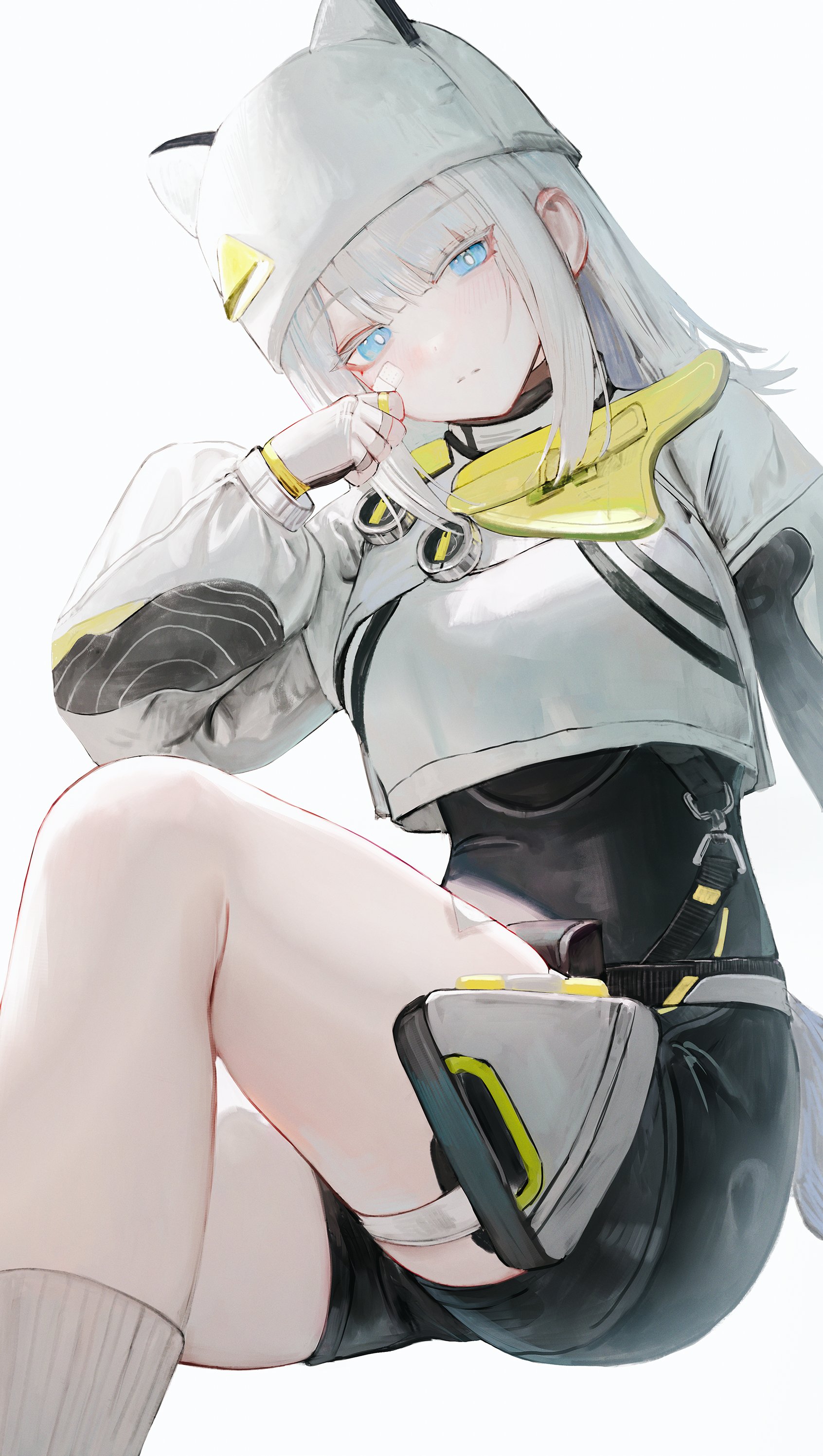 flippy (cripine111), estelle (arknights), arknights, arknights: endfield, absurdres, commentary request, highres, 1girl, animal ear headwear, bandaid, bandaid on face, black shirt, black shorts, blue eyes, blush, closed mouth, cropped jacket, fake animal ears, fingerless gloves, gloves, hat, jacket, long hair, looking at viewer, shirt, shorts, socks, solo, white gloves, white hair, white hat, white jacket, white socks