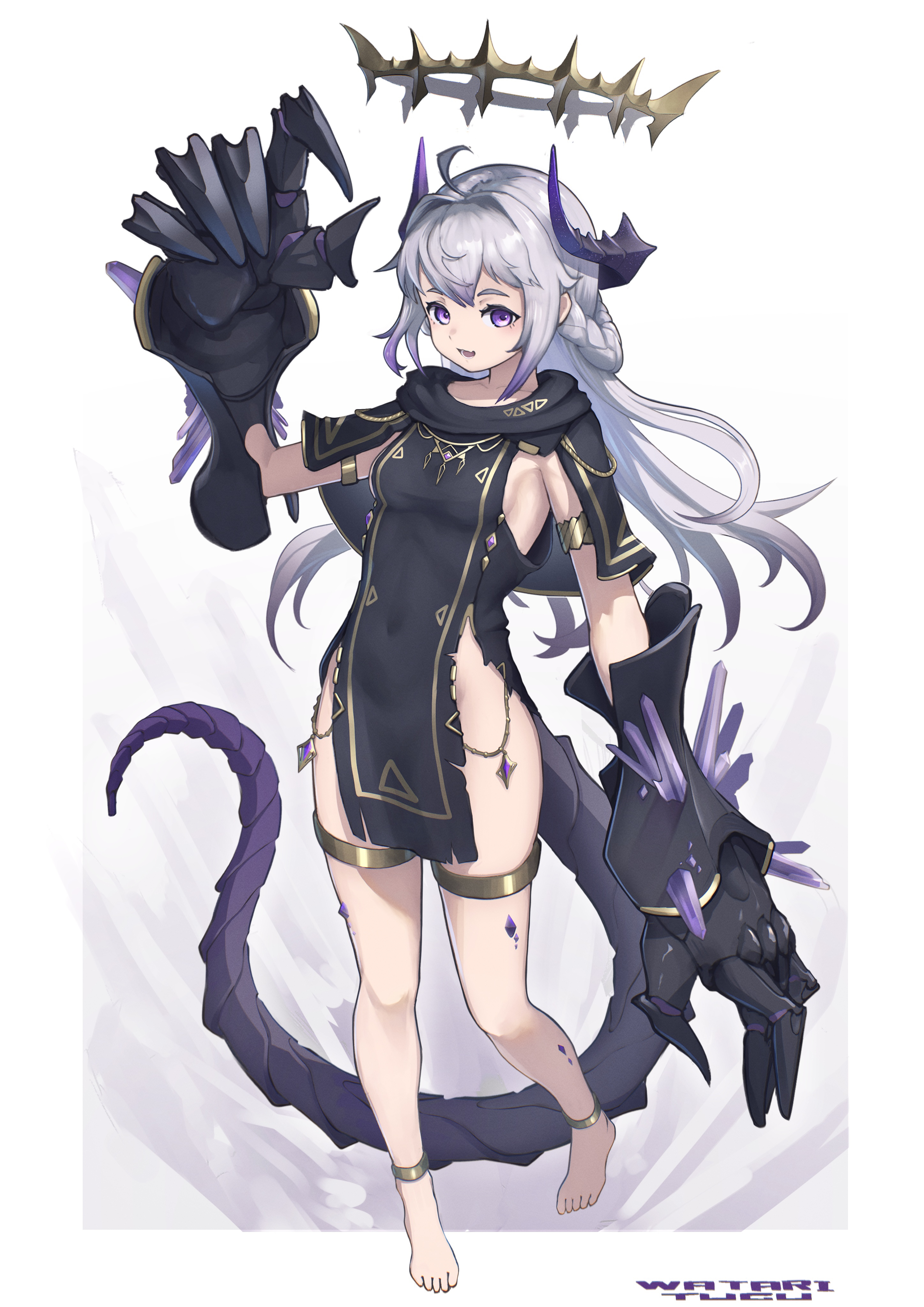 akemiya genma, original, gold armlet, absurdres, commentary, english commentary, highres, 1girl, :d, ahoge, anklet, armlet, artist name, barefoot, black capelet, black dress, braid, breasts, capelet, claws, colored tips, covered navel, crystal, dragon girl, dragon horns, dragon tail, dress, full body, gold anklet, gold thighlet, gold trim, grey hair, hair between eyes, hair intakes, half up braid, halo, hand up, horns, jewelry, long hair, looking at viewer, material growth, medium breasts, multicolored hair, open mouth, pelvic curtain, purple eyes, purple hair, purple horns, purple tail, sideboob, sideless outfit, sidelocks, simple background, sleeveless, sleeveless dress, small breasts, smile, solo, spiked halo, standing, tail, thighlet, torn clothes, yellow halo