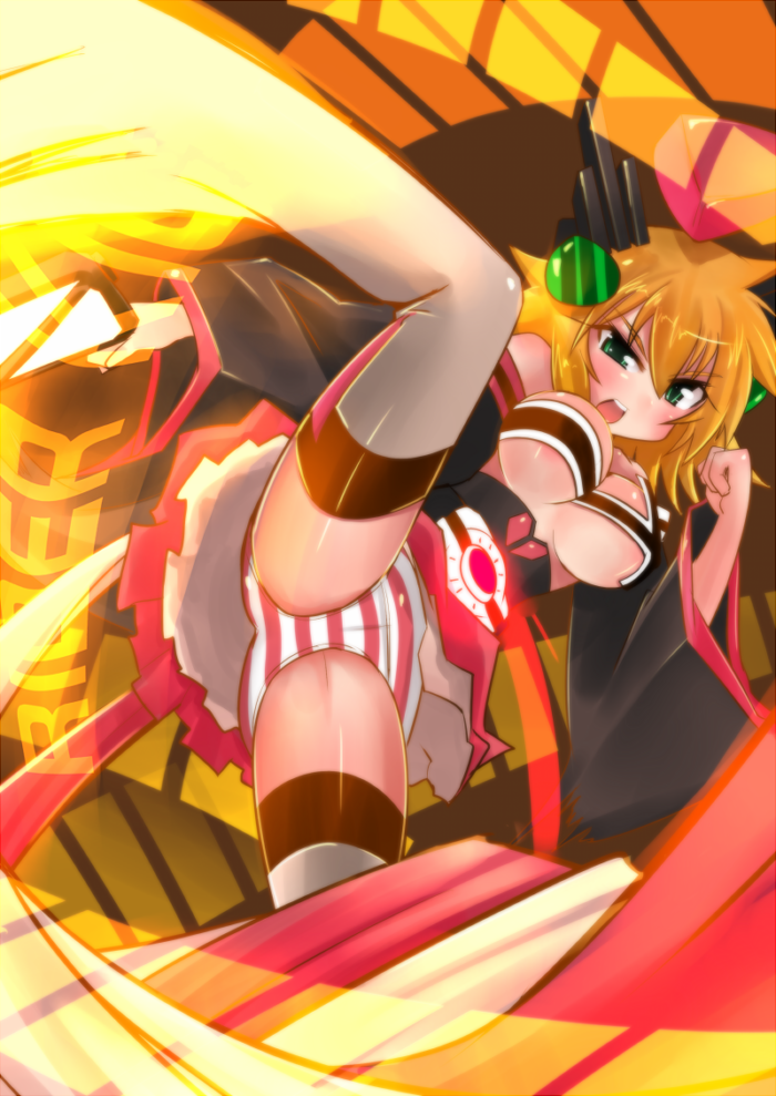 ditienan ddn, kamen rider decade, rider-tan, kamen rider, kamen rider dcd, 1girl, angry, blush, breasts, cleavage, decadriver, detached sleeves, green eyes, grey thighhighs, gun, hair ornament, high kick, holding, holding gun, holding weapon, kicking, large breasts, long sleeves, open mouth, orange hair, panties, personification, pink skirt, ride booker, rider belt, short hair, skirt, standing, standing on one leg, striped clothes, striped panties, thighhighs, underwear, weapon, white panties, wide sleeves