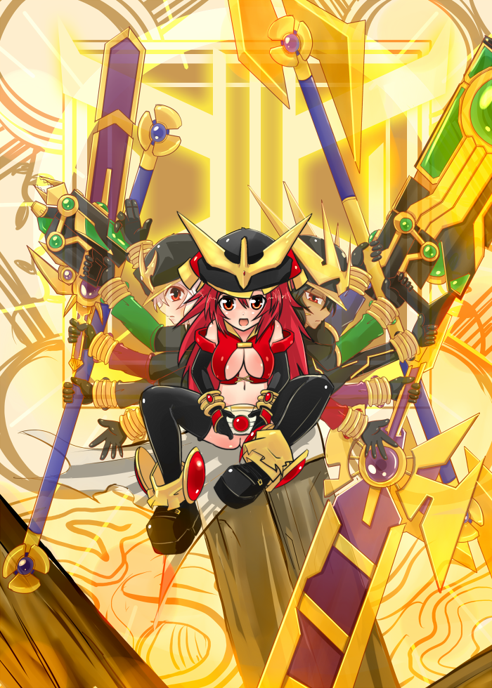 ditienan ddn, ass, belt, breasts, cleavage, gloves, no panties, red eyes, red hair, sitting, thighhighs, weapon