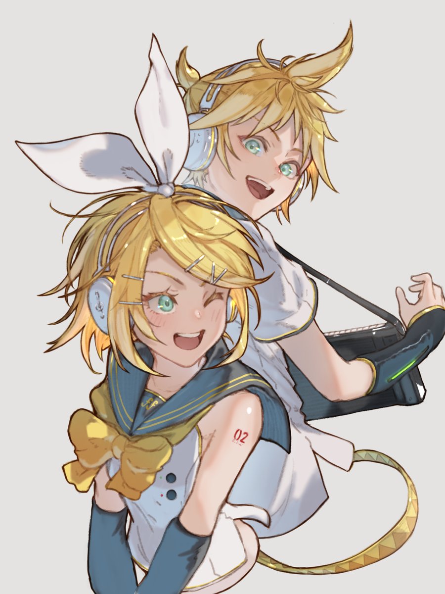 ve 0ekaki, kagamine len, kagamine rin, vocaloid, commentary request, highres, 1boy, 1girl, arm tattoo, blonde hair, blush, bow, brother and sister, cropped torso, green eyes, grey background, hair bow, hair ornament, hairclip, headphones, number tattoo, one eye closed, open mouth, sailor collar, sailor shirt, shirt, short hair, siblings, simple background, tattoo, teeth, upper teeth only, white bow