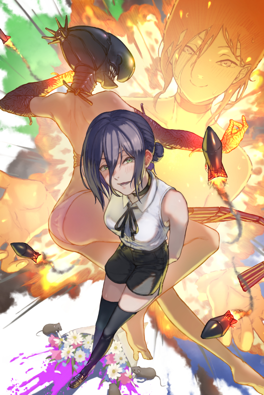 ve 0ekaki, bomb devil (chainsaw man), reze (chainsaw man), chainsaw man, commentary, highres, 1girl, black choker, black ribbon, black shorts, black thighhighs, blood, blush, bomb, bouquet, brown shoes, choker, dynamite, explosive, flower, green eyes, hair between eyes, loafers, long hair between eyes, looking at viewer, mouse (animal), multiple views, neck ribbon, object head, panties, pink blood, purple hair, ribbon, shirt, shoes, shorts, sleeveless, sleeveless shirt, thighhighs, underwear, white flower, white panties, white shirt