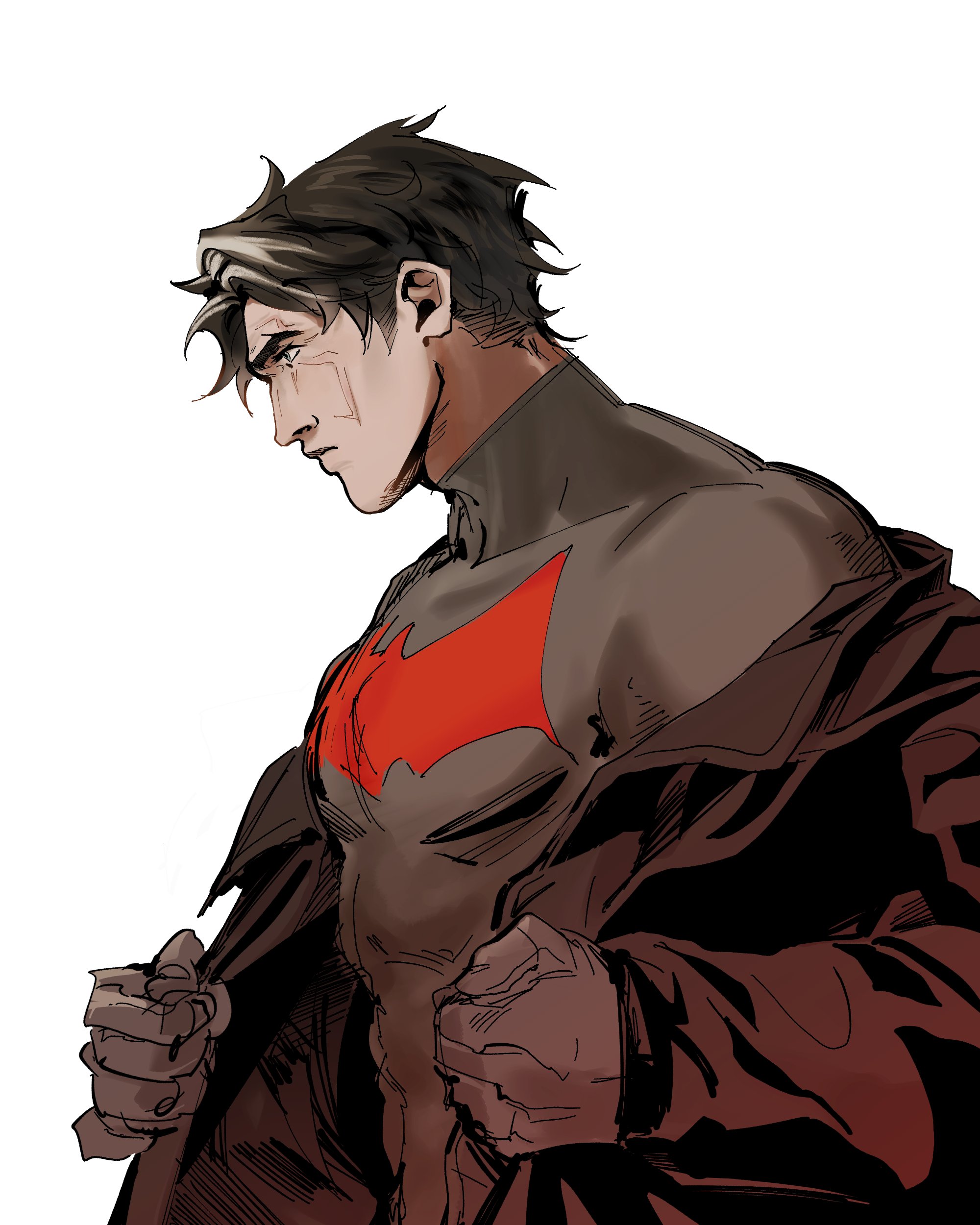 jason todd, red hood (dc), batman (series), dc comics, red hood and the outlaws, absurdres, commentary, english commentary, highres, bat signal, batman symbol, black gloves, bodysuit, brown jacket, fireemblazem, gloves, grey bodysuit, jacket, male focus, multicolored bodysuit, muscular, muscular male, open clothes, superhero costume, taut bodysuit, two-tone bodysuit