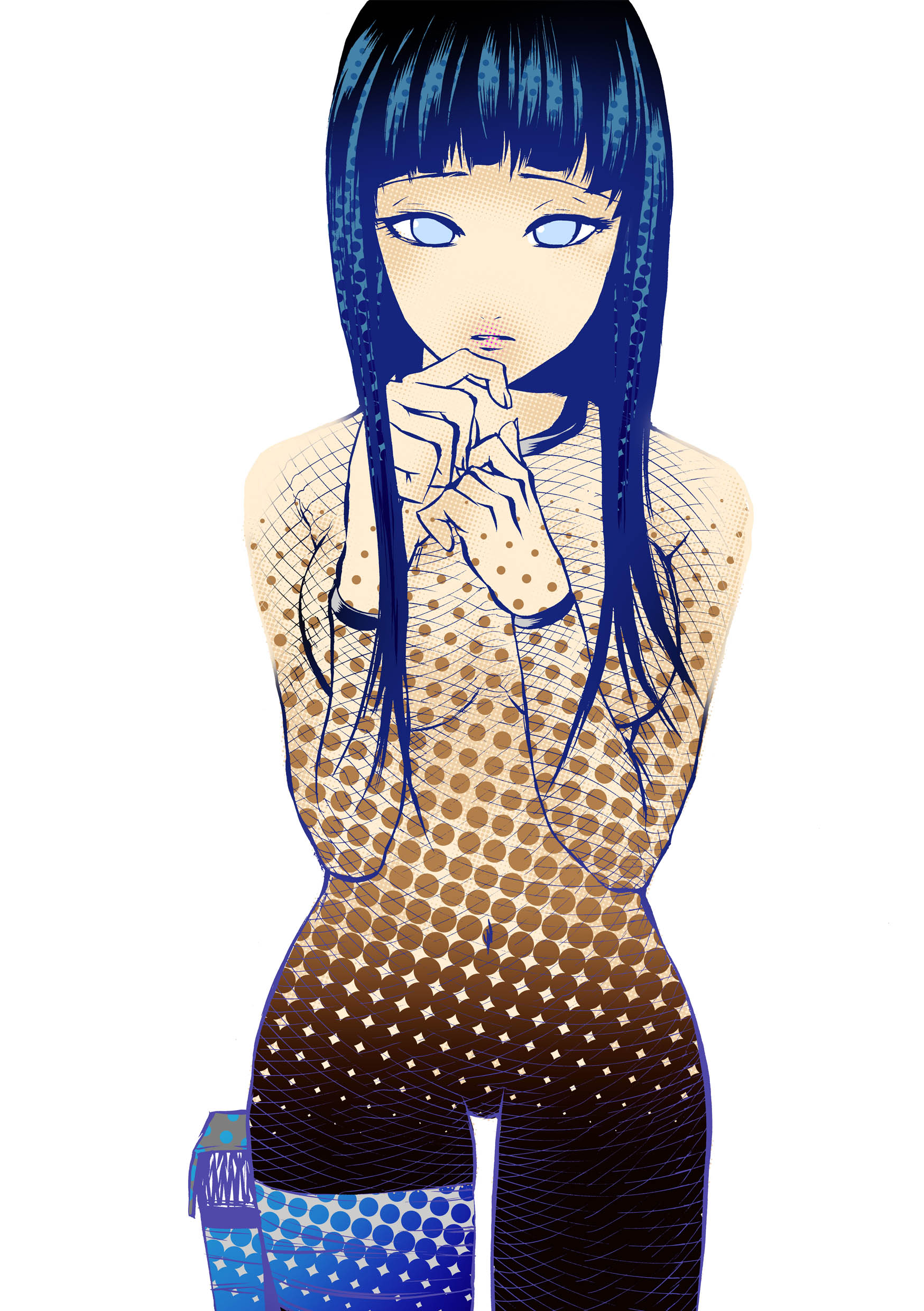 sagatsune, hyuuga hinata, naruto (classic), naruto (series), absurdres, highres, 1girl, black hair, blue eyes, blue hair, bodystocking, breasts, censored, convenient censoring, female focus, fishnet bodystocking, fishnets, hair censor, hair over breasts, halftone, large breasts, long hair, matching hair/eyes, solo, thigh gap, thighs