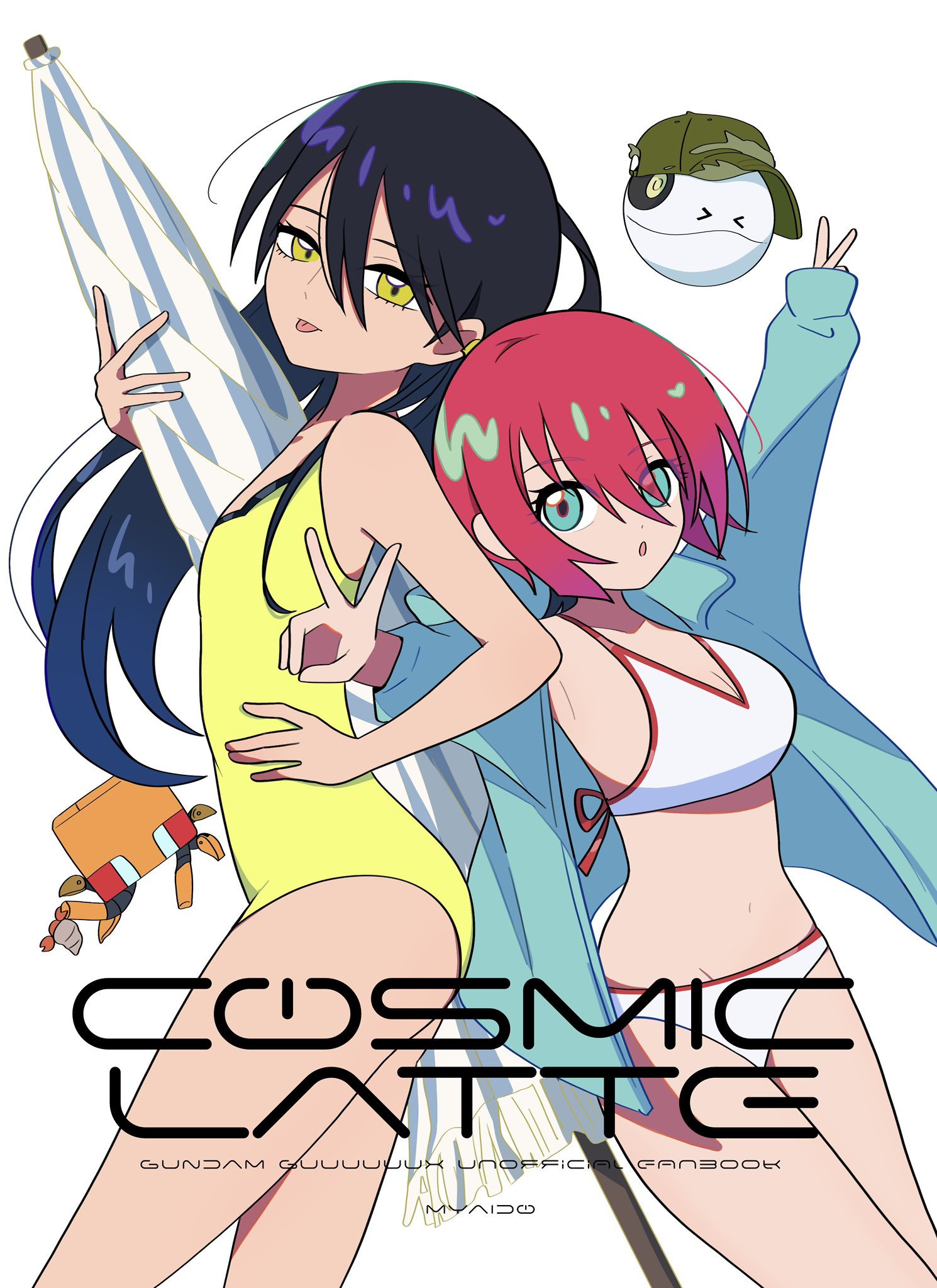 hasu 175, amate yuzuriha, conch (gundam), haro, nyaan (gundam gquuuuuux), gundam, gundam gquuuuuux, commentary request, highres, aqua eyes, back-to-back, black hair, breasts, flat chest, height difference, long hair, medium breasts, one-piece swimsuit, red hair, short hair, simple background, swimsuit, white background, yellow eyes, yellow one-piece swimsuit