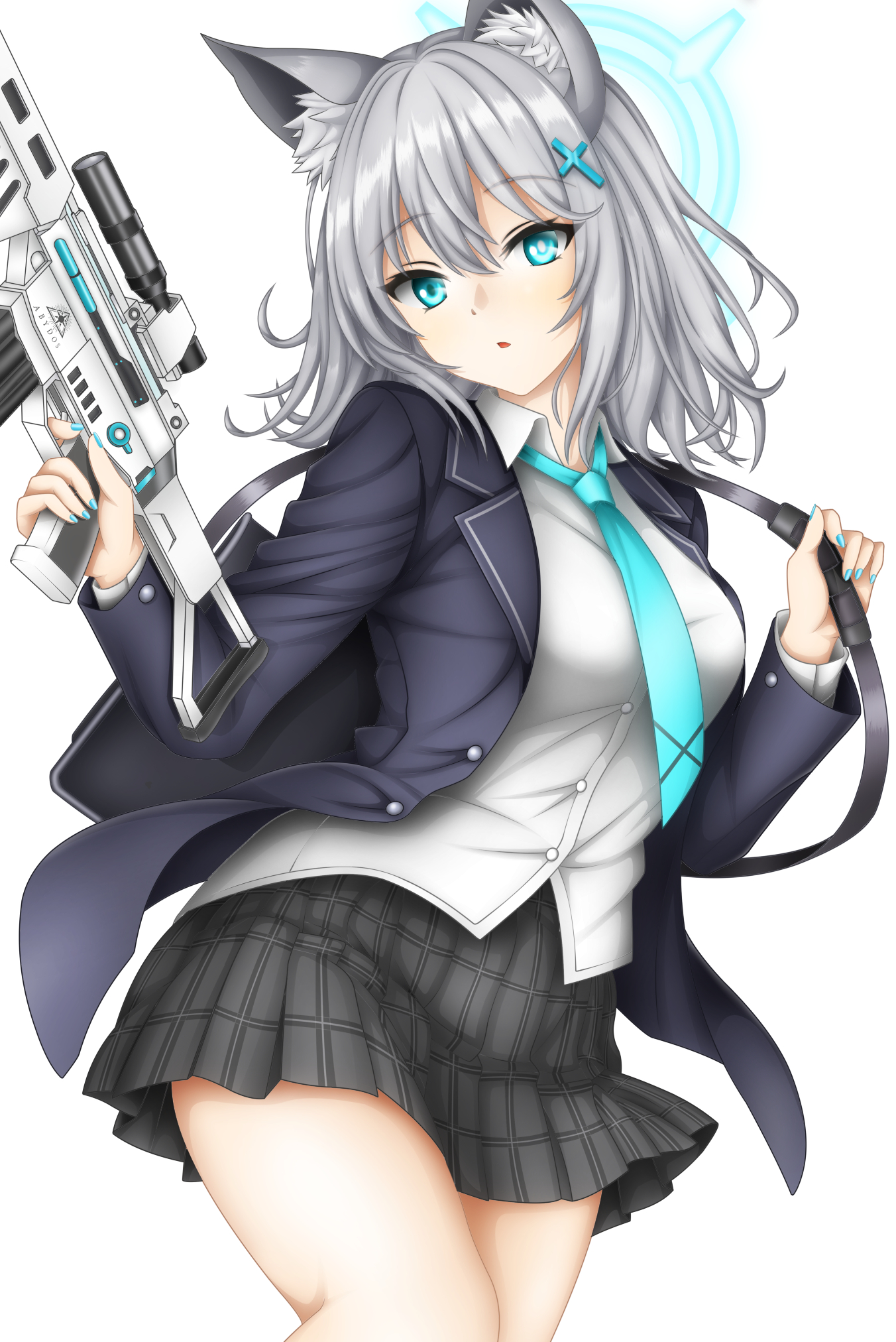 sturm (arowana kingyo), shiroko (blue archive), blue archive, commentary request, highres, 1girl, animal ear fluff, animal ears, bag, black jacket, black skirt, blue eyes, blue halo, blue nails, blue necktie, bright pupils, collared shirt, cowboy shot, cross hair ornament, dress shirt, grey hair, gun, hair between eyes, hair ornament, halo, hands up, holding, holding gun, holding weapon, jacket, long sleeves, looking at viewer, medium hair, miniskirt, mismatched pupils, nail polish, necktie, open clothes, open jacket, open mouth, plaid clothes, plaid skirt, pleated skirt, shirt, shoulder bag, simple background, skirt, solo, weapon, white background, white pupils, white shirt, wolf ears, wolf girl