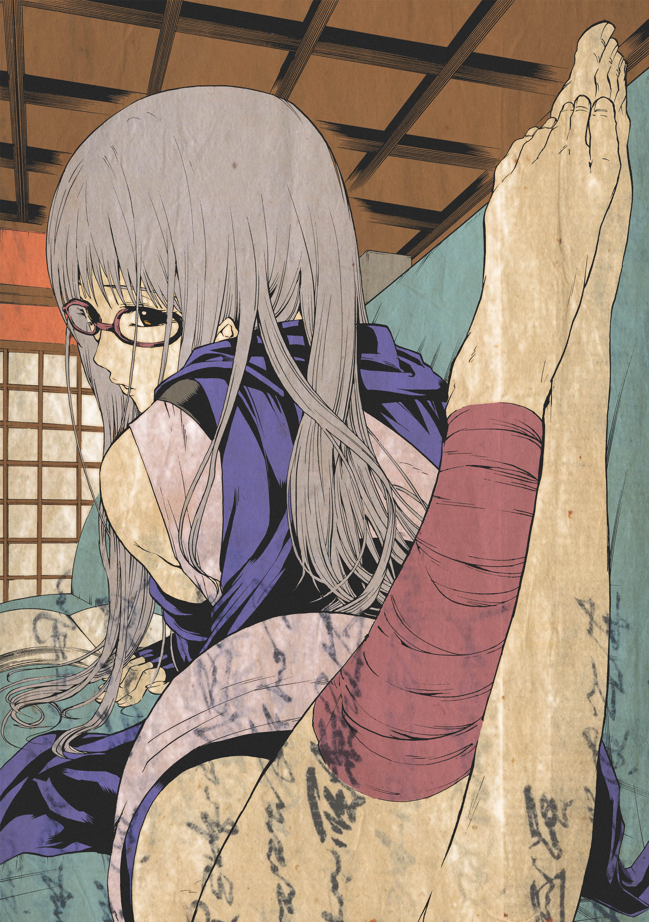sagatsune, sarutobi ayame, gintama, absurdres, highres, 00s, 1girl, ankle wrap, barefoot, brown eyes, feet, female focus, glasses, grey eyes, long hair, looking back, ninja, purple scarf, red-framed eyewear, scarf, solo