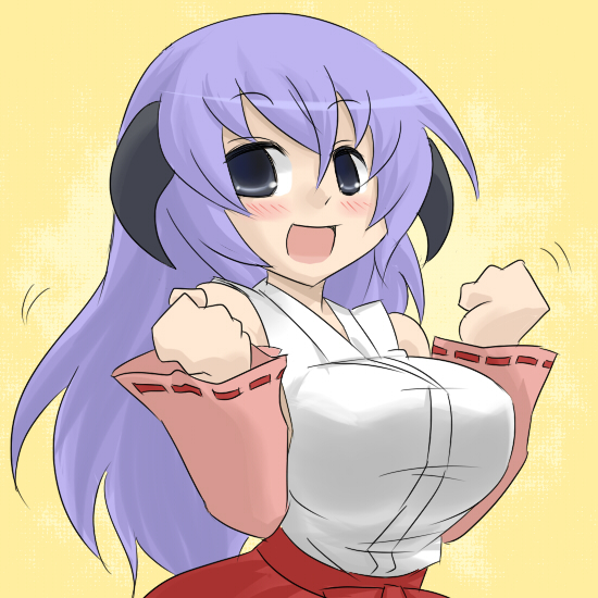 oro (zetsubou girl), hanyuu, higurashi no naku koro ni, 00s, 1girl, alternate breast size (larger), breasts, female focus, hakama, hakama skirt, horns, japanese clothes, large breasts, purple hair, red hakama, skirt, solo