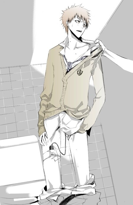 kurosaki ichigo, bleach, 00s, 1boy, anal, bathroom, clothes pull, indoors, male focus, male hand, male penetrated, open mouth, pants, pants pull, partially colored, school, sex toy, sweat, undressing, vibrator, yaoi