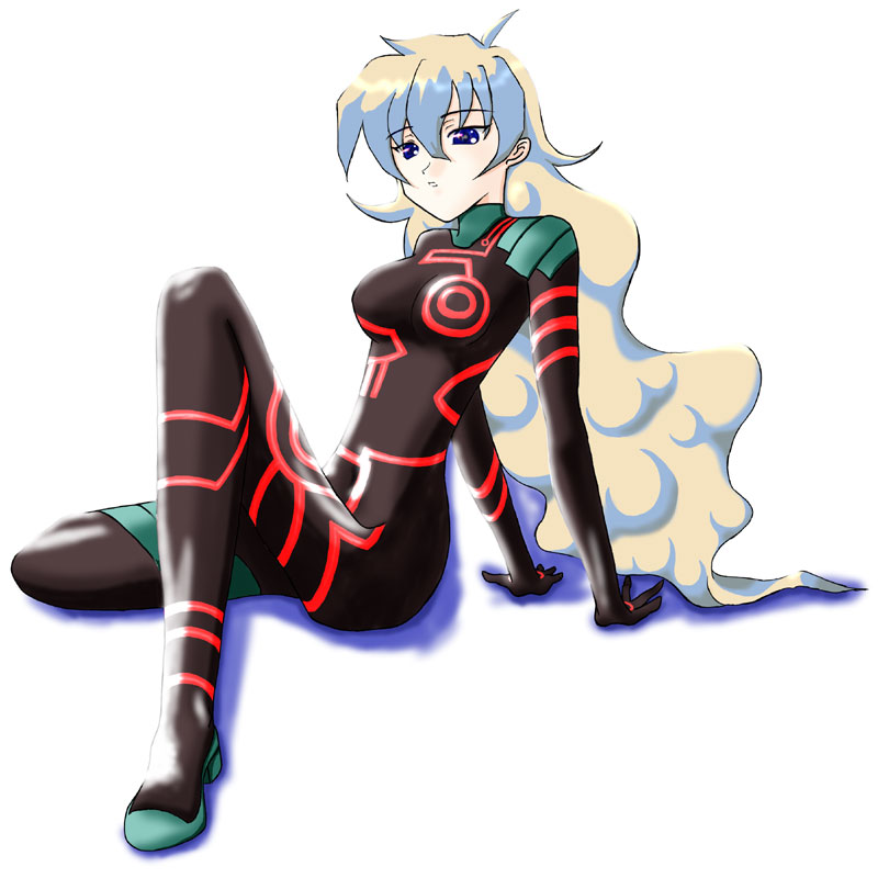 chiaki lsd, antispiral nia, nia teppelin, tengen toppa gurren lagann, 00s, 1girl, blonde hair, blue eyes, blue hair, bodysuit, breasts, dark persona, female focus, long hair, matching hair/eyes, multicolored hair, neon trim, shadow, simple background, sitting, skin tight, solo, teeth, two-tone hair