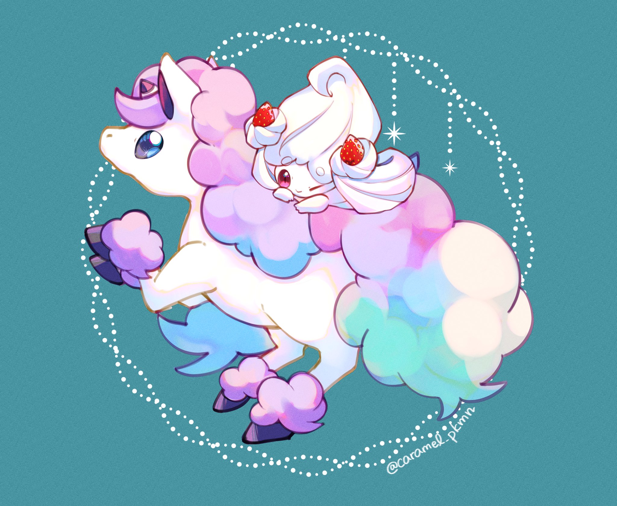 caramel pkmn, alcremie, galarian ponyta, nintendo, pokemon, commentary, highres, blue background, blue eyes, food, fruit, full body, galarian form, gen 8 pokemon, horse, multicolored fur, no humans, one eye closed, pokemon (creature), red eyes, riding, smile, strawberry, unicorn