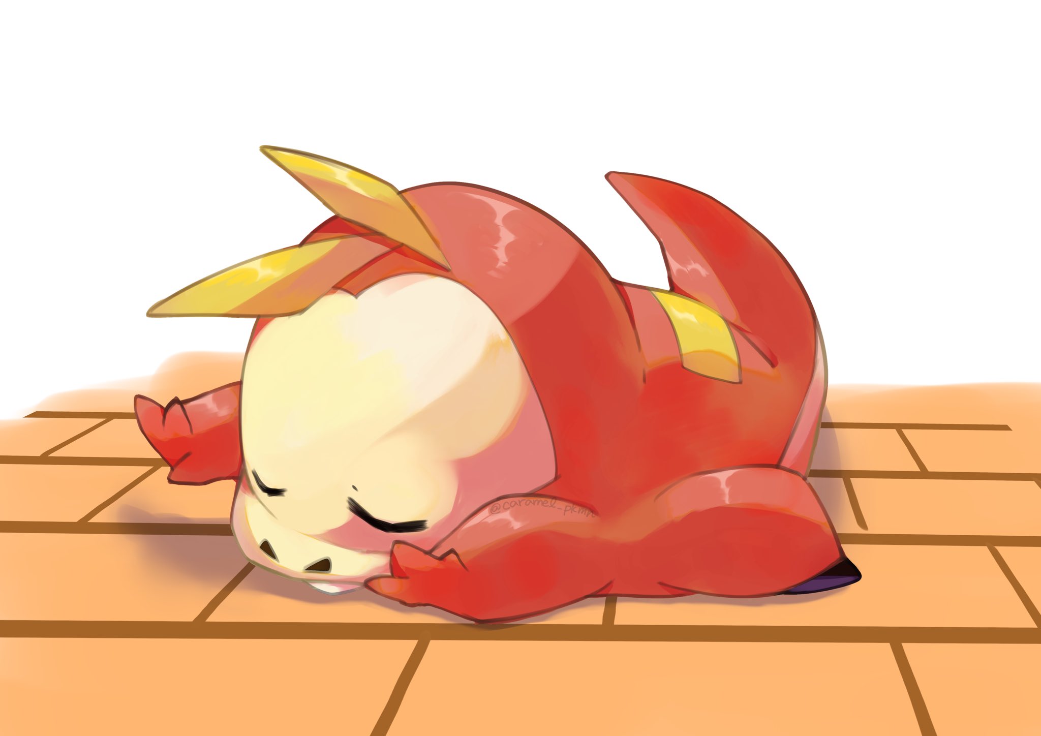 caramel pkmn, fuecoco, nintendo, pokemon, commentary request, highres, brick floor, closed eyes, fang, full body, lying, no humans, on floor, on stomach, pokemon (creature), sleeping