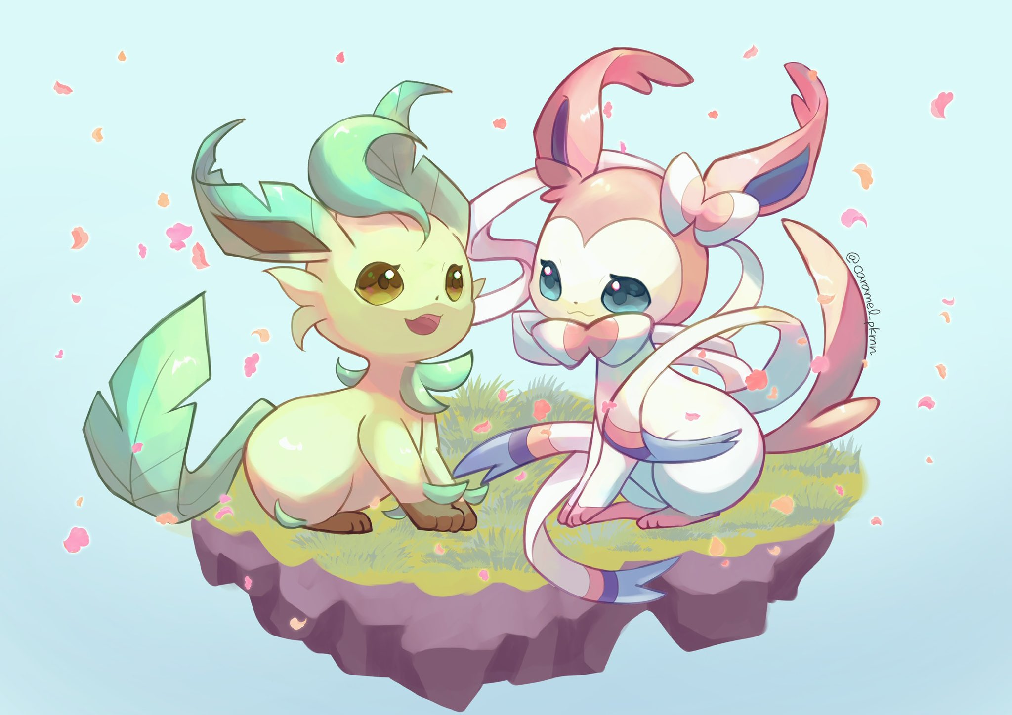 caramel pkmn, leafeon, sylveon, nintendo, pokemon, commentary request, highres, :3, blue background, blue eyes, brown eyes, falling petals, full body, gen 4 pokemon, gen 6 pokemon, grass, looking at another, looking to the side, looking up, no humans, open mouth, petals, pokemon (creature), rock, sitting, smile, twitter username