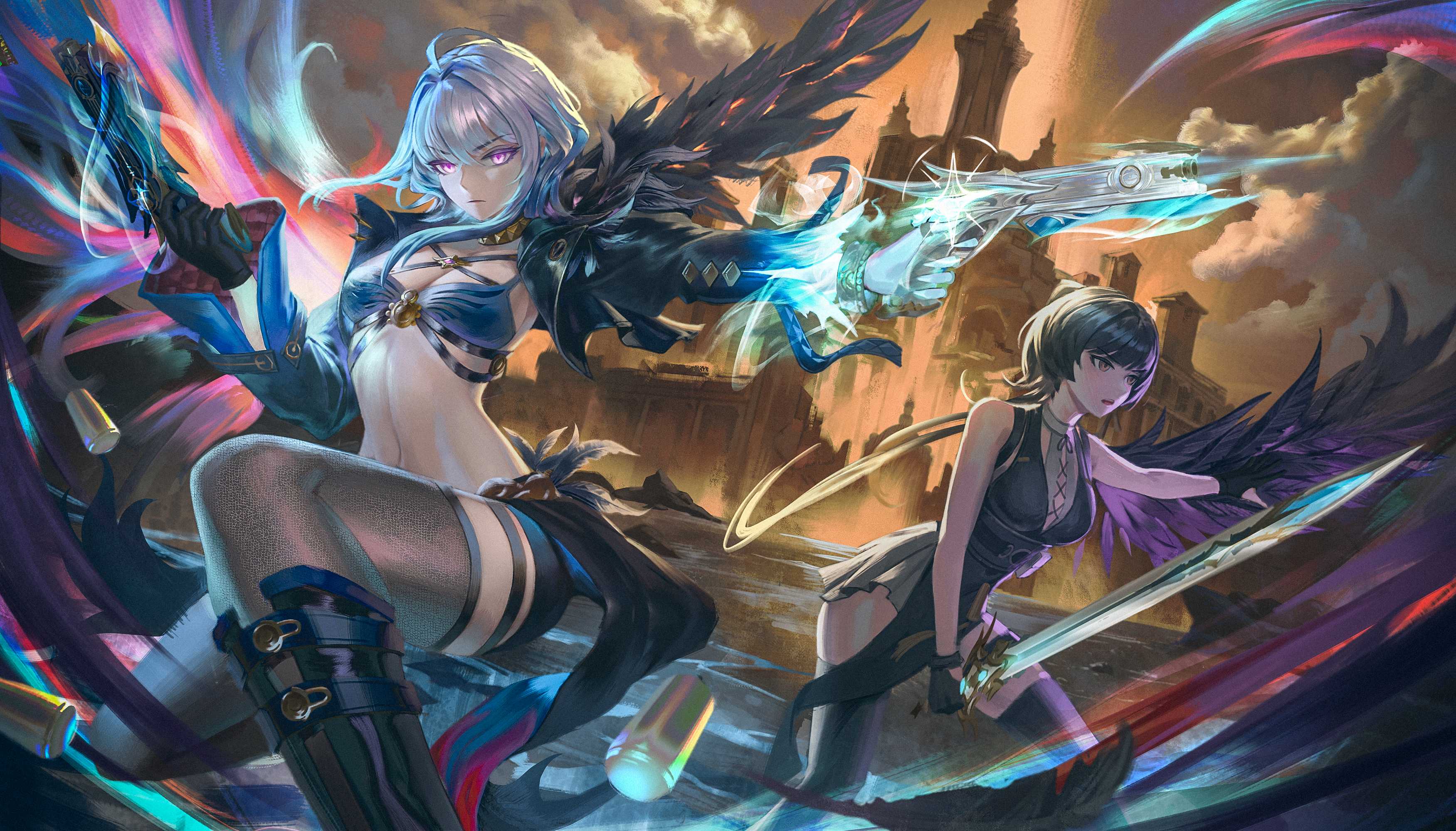 female rover (wuthering waves), galbrena (wuthering waves), rover (wuthering waves), wuthering waves, absurdres, commentary, highres, 2girls, ahoge, asymmetrical wings, bandeau, bare shoulders, black boots, black dress, black gloves, black hair, black jacket, black pantyhose, black shorts, black thighhighs, blue bandeau, blue hair, boots, breast cutout, breasts, cleavage, closed mouth, cloud, cloudy sky, criss-cross straps, cropped jacket, cross-laced clothes, cross-laced dress, cross-laced top, dress, dual wielding, feathered wings, gloves, gold choker, grey hair, groin, gun, gwangmin choi, hair between eyes, hair ribbon, holding, holding gun, holding sword, holding weapon, jacket, knee boots, long hair, long sleeves, looking at viewer, low ponytail, medium breasts, medium hair, midriff, mismatched wings, multicolored hair, multiple girls, navel, on one knee, open mouth, outdoors, pantyhose, partially fingerless gloves, ponytail, purple eyes, ribbon, shell casing, short shorts, shorts, sidelocks, single glove, single leg pantyhose, single thighhigh, single wing, skindentation, sky, sleeveless, sleeveless dress, standing, sword, thighhighs, two-tone hair, very long fingernails, weapon, wings, yellow eyes