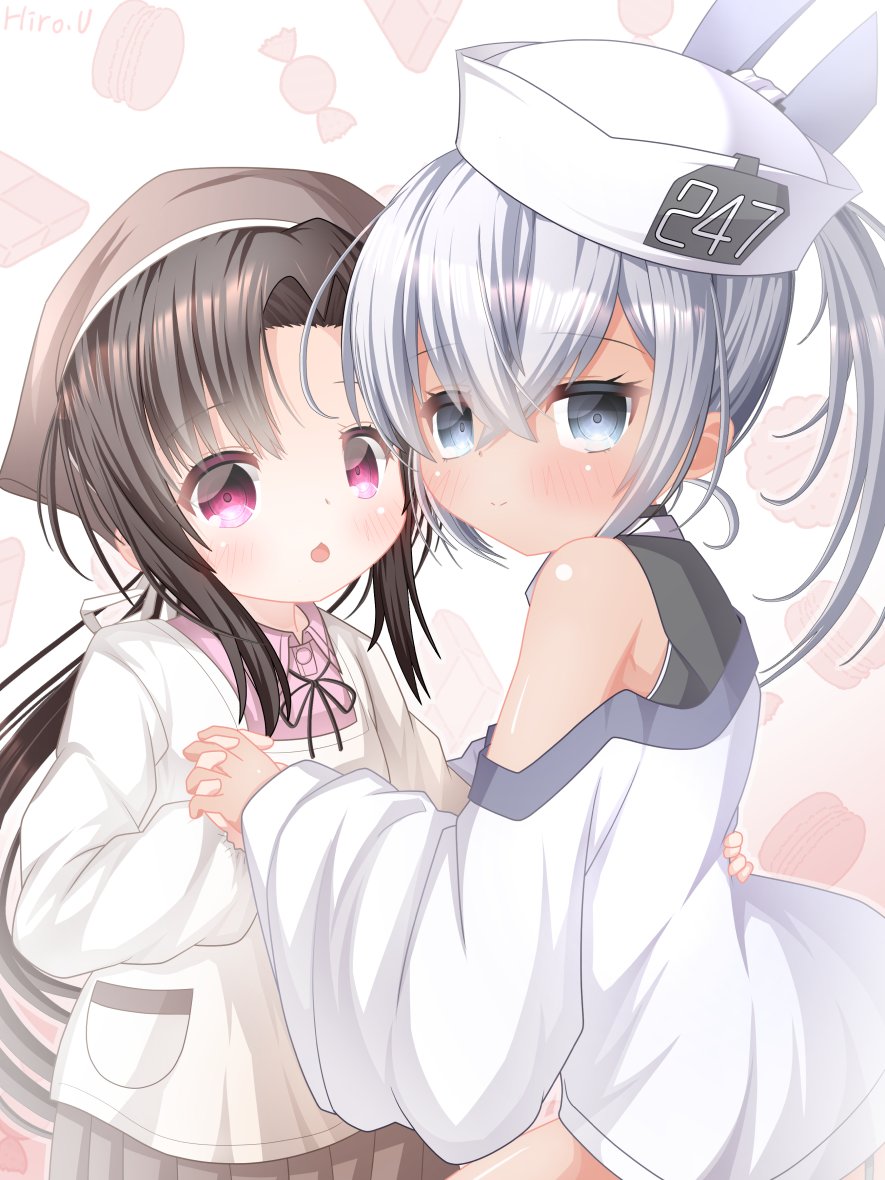 uraguchi hiiro, dace (kancolle), nosaki (kancolle), kantai collection, commentary request, 2girls, apron, bandana, black hair, brown bandana, dark-skinned female, dark skin, dixie cup hat, grey eyes, grey hair, hat, headgear, holding hands, kappougi, long hair, military hat, multiple girls, nankai (kancolle), red eyes, shirt, side ponytail, white shirt