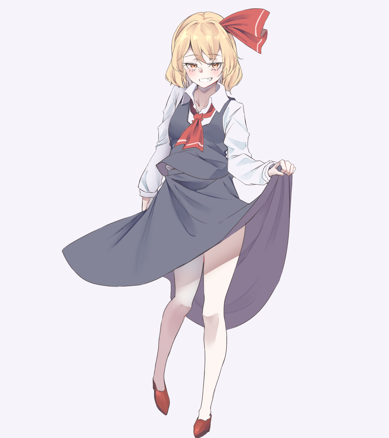 kanaria (bcomn), rumia, touhou, hashtag-only commentary, highres, 1girl, ascot, black skirt, black vest, blonde hair, bow, clothes lift, full body, hair bow, looking at viewer, red ascot, red bow, red shoes, shirt, shoes, simple background, skirt, skirt lift, smile, solo, vest, white background, white shirt