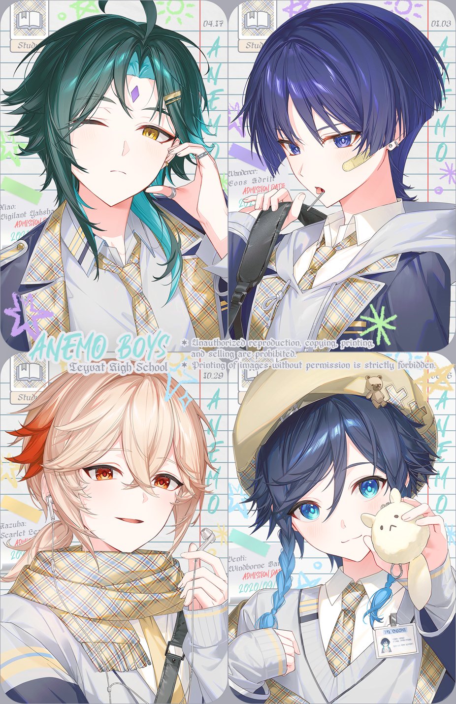 kkopoli, dodoco (genshin impact), kaedehara kazuha, scaramouche (genshin impact), venti (genshin impact), wanderer (genshin impact), xiao (genshin impact), genshin impact, highres, 4boys, aqua eyes, aqua hair, backpack, bag, bandaid, bandaid on cheek, bandaid on face, black hair, black jacket, blue hair, blunt ends, braid, closed mouth, facial mark, forehead mark, gradient hair, grey hoodie, grey jacket, hair between eyes, headphones, holding, holding stuffed toy, hood, hoodie, jacket, long hair, long sleeves, male focus, mouth hold, multicolored hair, multiple boys, necktie, one eye closed, open mouth, purple eyes, purple hair, red eyes, red hair, scarf, school uniform, shirt, short hair, smile, streaked hair, stuffed animal, stuffed toy, twin braids, white hair, white shirt, yellow eyes, yellow necktie, yellow scarf