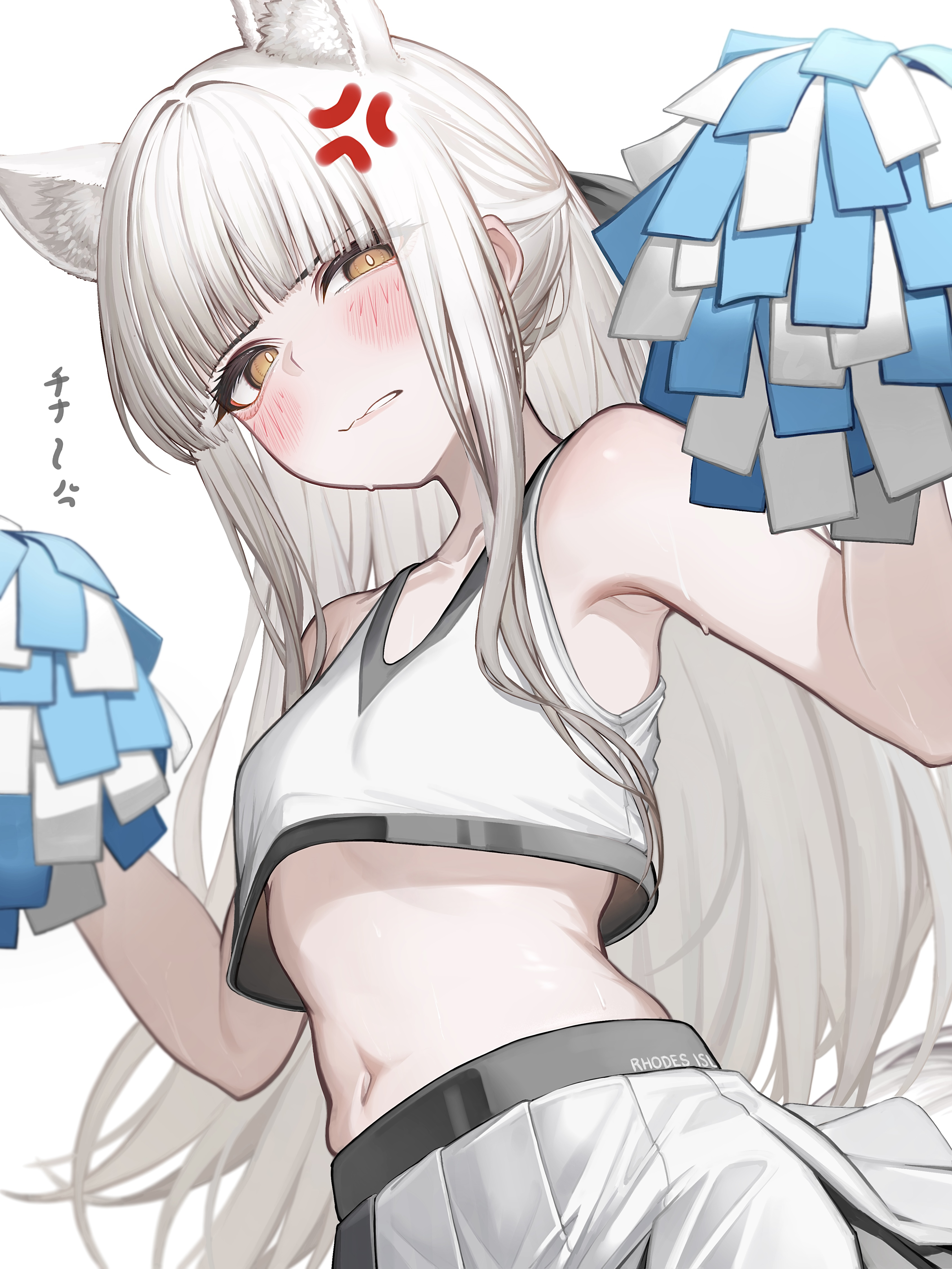 tab head, platinum (arknights), arknights, absurdres, commentary, highres, 1girl, alternate costume, anger vein, animal ears, blush, breasts, cheerleader, crop top, crop top overhang, cropped shirt, extra ears, hands up, holding, holding pom poms, horse ears, horse girl, long hair, looking at viewer, midriff, navel, orange eyes, parted lips, pleated skirt, pom pom (cheerleading), pom poms, shirt, simple background, skirt, small breasts, solo, white background, white hair, white shirt, white skirt