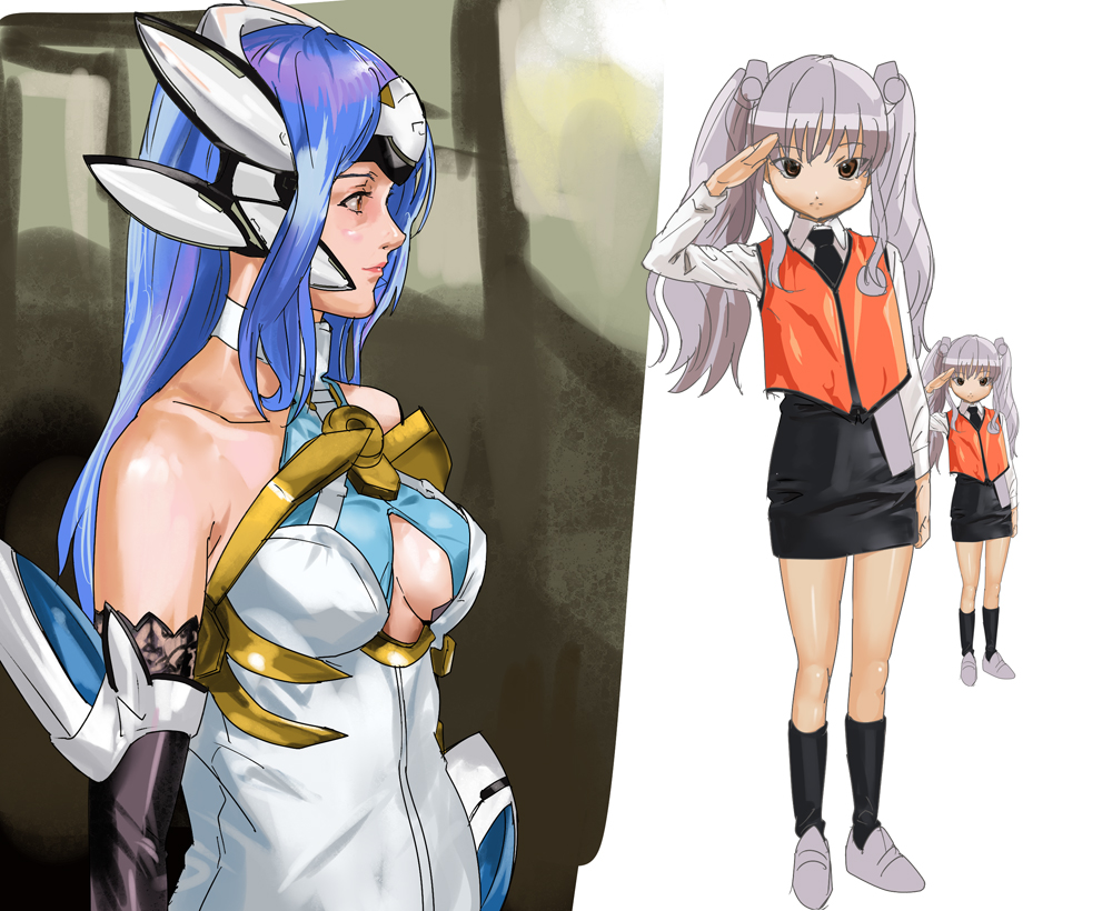 makacoon, hoshino ruri, kos-mos, kos-mos ver. 4, kidou senkan nadesico, xenosaga, xenosaga episode iii, silver hair, uniform, 00s, 2girls, android, blue hair, elbow gloves, gloves, long hair, multiple girls, pencil skirt, salute, skirt, twintails