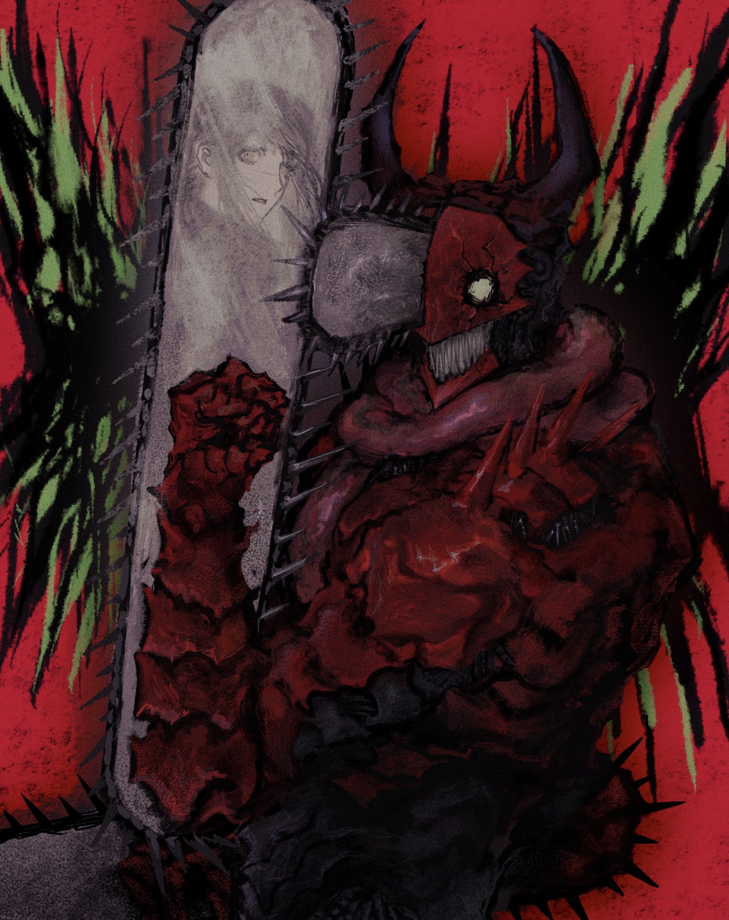 chainsaw devil, denji (chainsaw man), chainsaw man, commentary request, highres, 1boy, chainsaw, horns, idmiydoa, intestine clothing, intestines, looking at viewer, male focus, open mouth, pull cord, scarf, sharp teeth, simple background, smile, solo, teeth, weapon