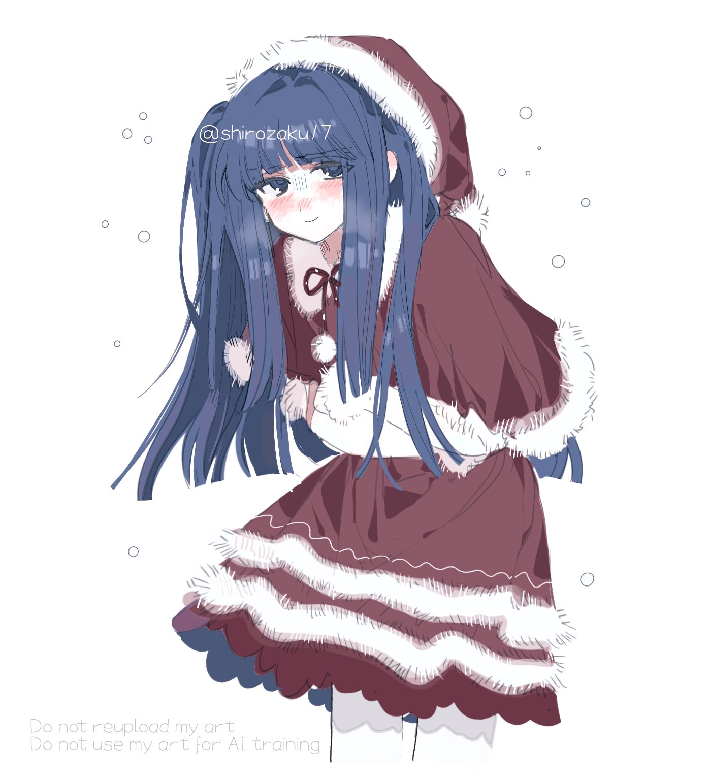shirozakura, furudo erika, umineko no naku koro ni, commentary request, highres, 1girl, blue eyes, blue hair, blush, capelet, fur-trimmed capelet, fur trim, hat, long hair, looking at viewer, pom pom (clothes), red capelet, red hat, red skirt, santa hat, simple background, skirt, smile, snowing, solo, twintails, twitter username, white background