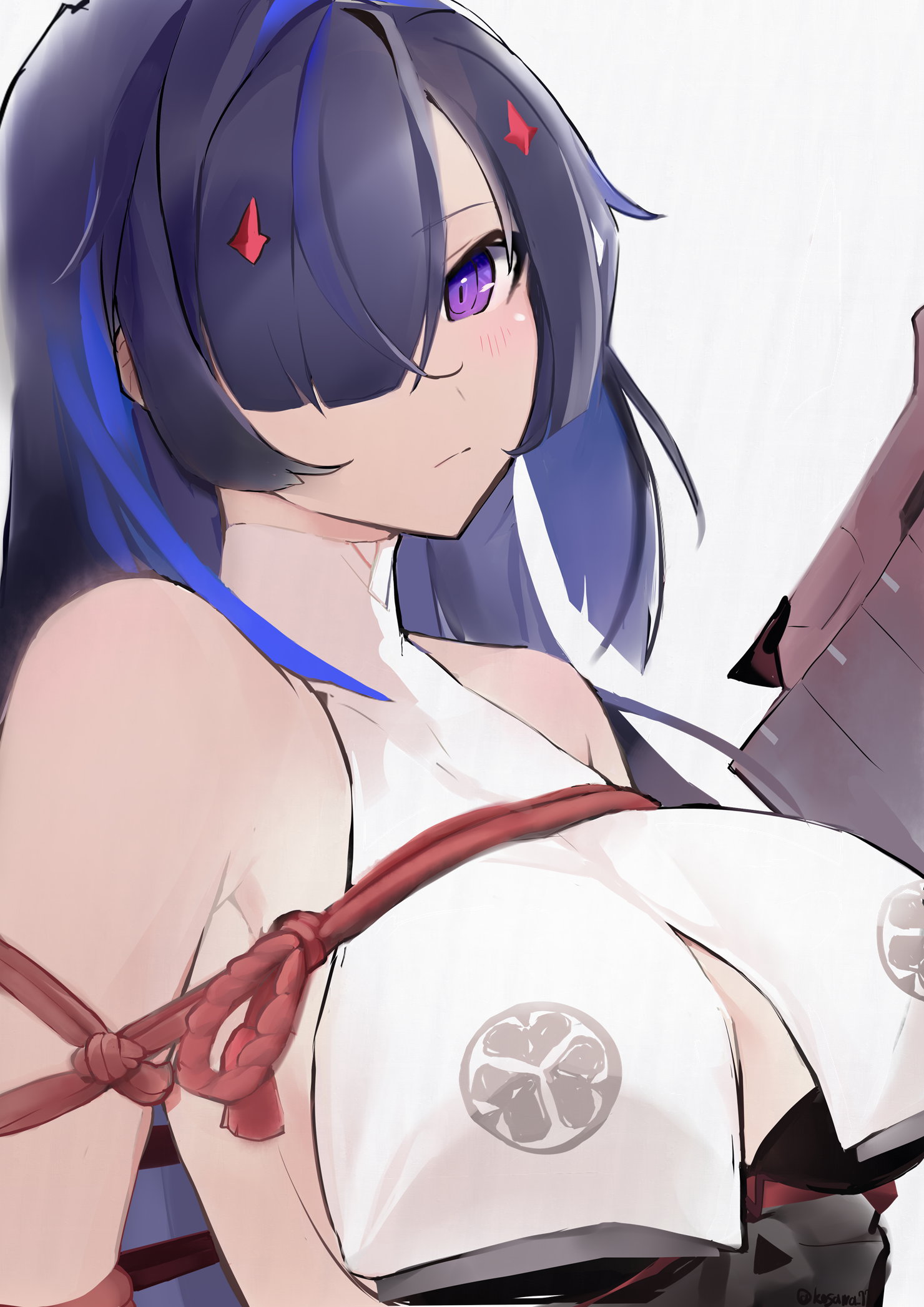 chizuru (chaos zero nightmare), chaos zero nightmare, commentary request, highres, 1girl, arms behind back, bare shoulders, bdsm, black hair, blue hair, blush, bondage, bound, breast curtains, breasts, clothing cutout, hair ornament, japanese clothes, kosawa 77, large breasts, multicolored hair, nontraditional miko, one eye covered, purple eyes, restrained, shibari, sideboob