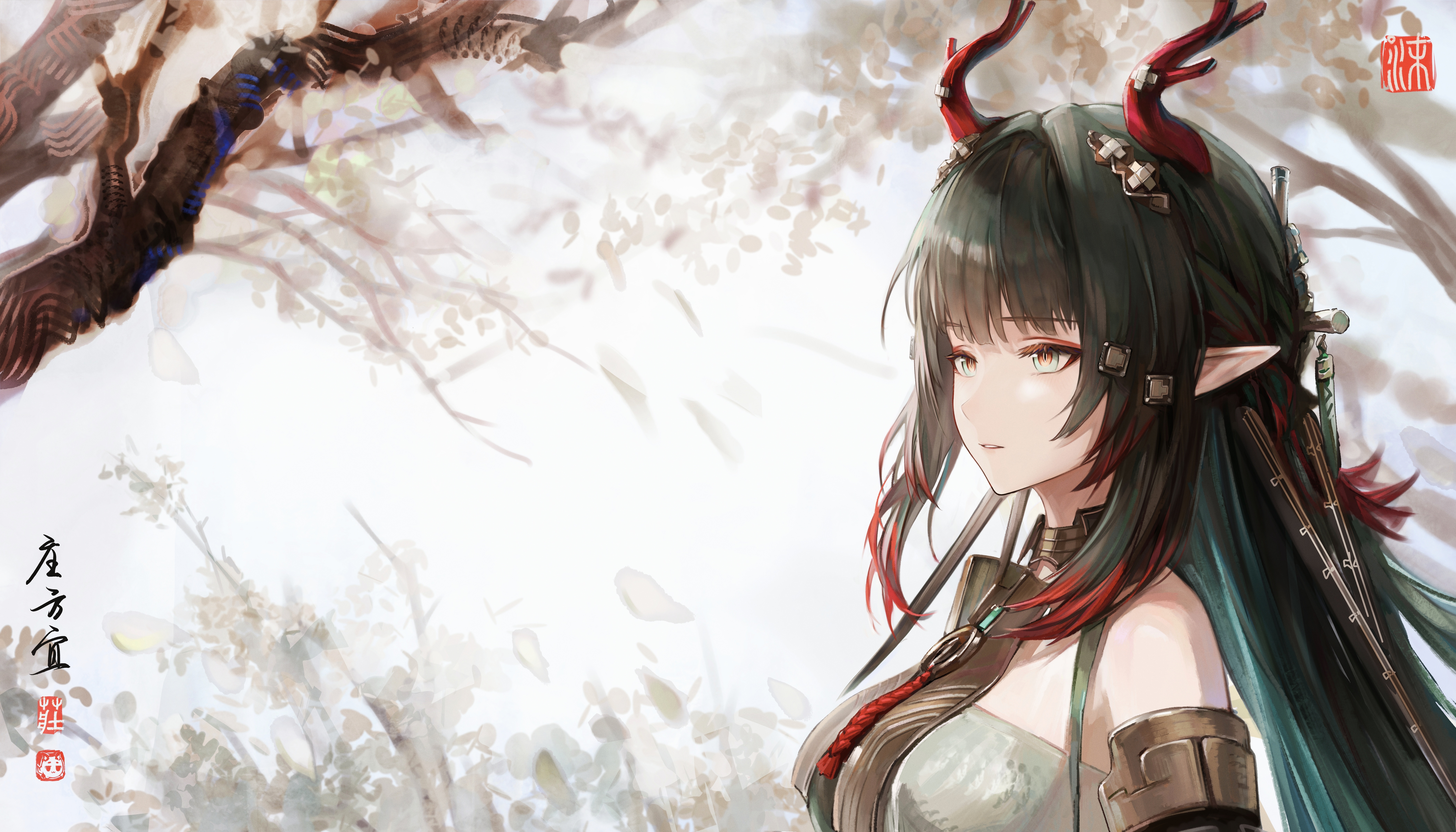 arknights, arknights: endfield, absurdres, chinese commentary, commentary request, highres, 1girl, aqua eyes, aqua hair, bare shoulders, black hair, breasts, chenmo mo pie, dragon girl, dragon horns, eastern dragon horns, from side, hair ornament, horns, long hair, looking ahead, medium breasts, multicolored eyes, multicolored hair, orange eyes, parted lips, pointy ears, red horns, sidelocks, solo, streaked hair, two-tone eyes, upper body, zhuang fangyi (arknights)