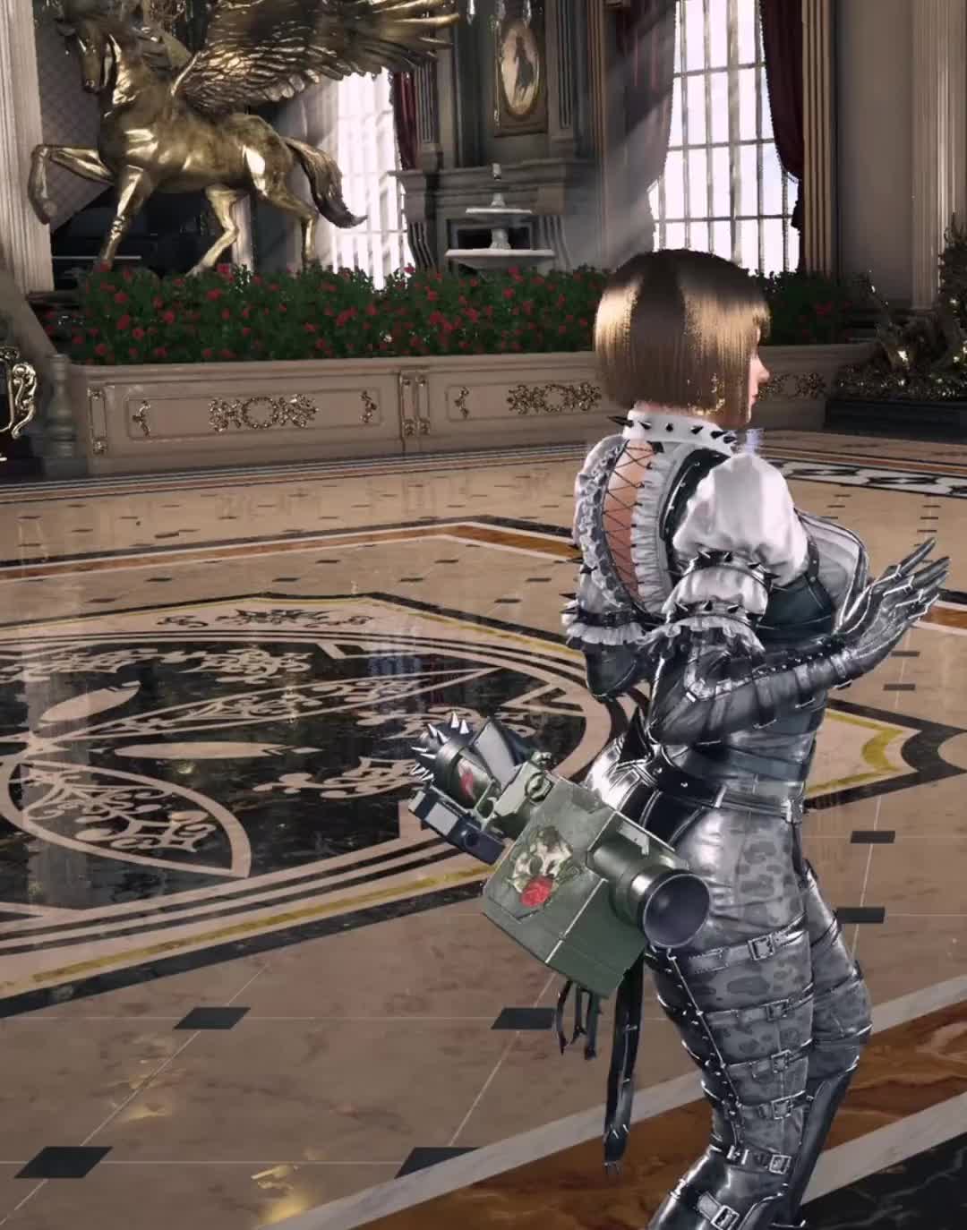 anna williams, namco, tekken, tekken 8, animated, sound, tagme, video, 1girl, 3d, breasts, female focus, game screenshot, large breasts, laughing, rocket launcher, short hair, solo, statue, video game screencap, weapon