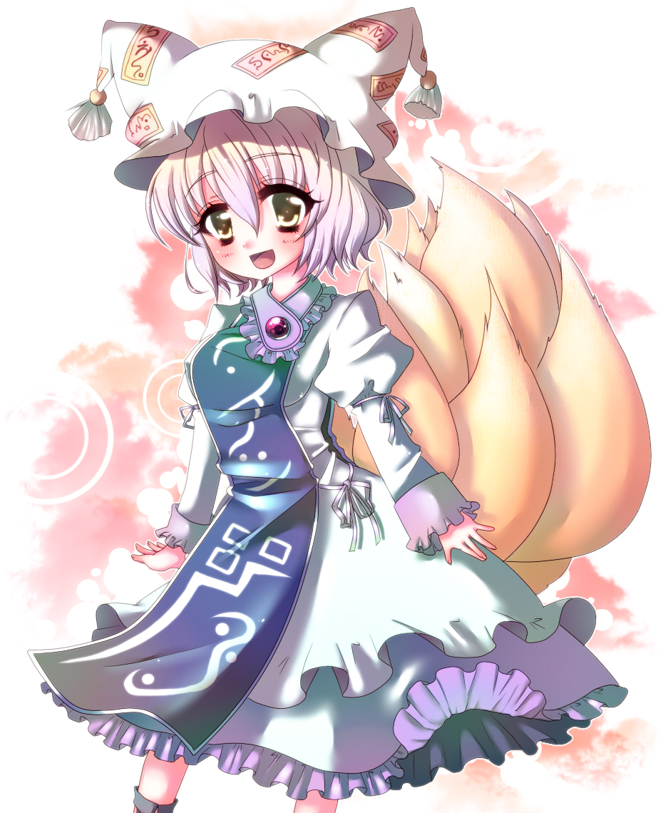 komiya hitoma, yakumo ran, touhou, bad id, bad pixiv id, 1girl, animal hat, female focus, fox tail, hat, juliet sleeves, kitsune, kyuubi, long sleeves, looking at viewer, mob cap, multiple tails, open mouth, puffy sleeves, short hair, smile, solo, tail, tassel, white background, white hair, wide sleeves, yellow eyes