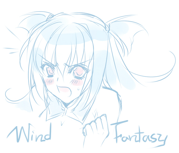 creayus, 1girl, angry, blue theme, blush, female focus, long hair, monochrome, pink eyes, sketch, solo, spot color