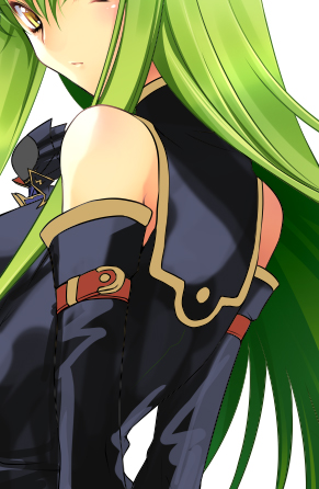 creayus, c.c., zero (code geass), code geass, lowres, 00s, 1girl, bare shoulders, chibi, detached sleeves, female focus, green hair, simple background, solo, white background, yellow eyes